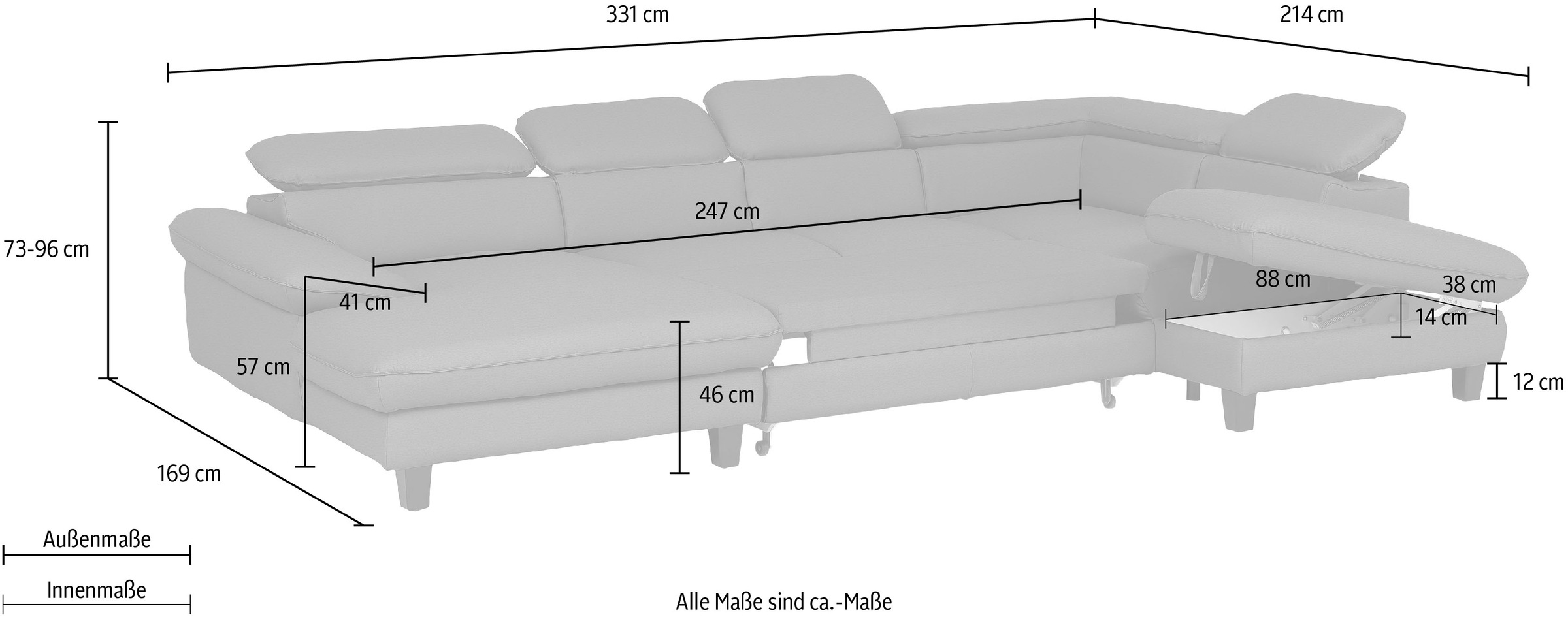 Home affaire Wohnlandschaft »Pilot U-Form«, mit Kopfteilverstellung, wahlweise mit Bettfunktion & Bettkasten