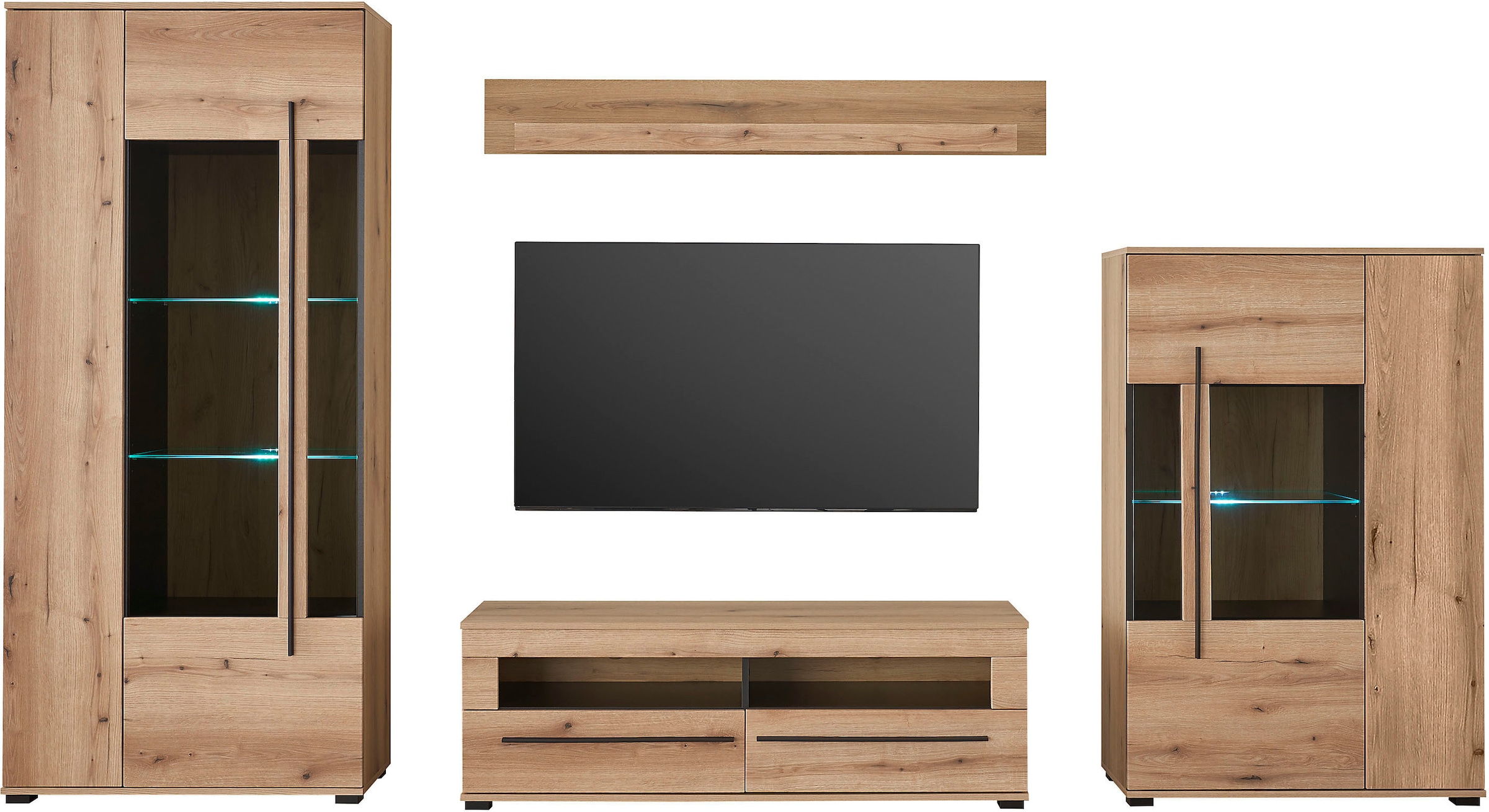 INOSIGN Wohnwand »Cantara, moderne Anbauwand, Wohnzimmer-Set, in Eiche Evoke oder Weiß«, (Set), enthält zwei Vitrinen, ein Lowboard und ein Wandboard