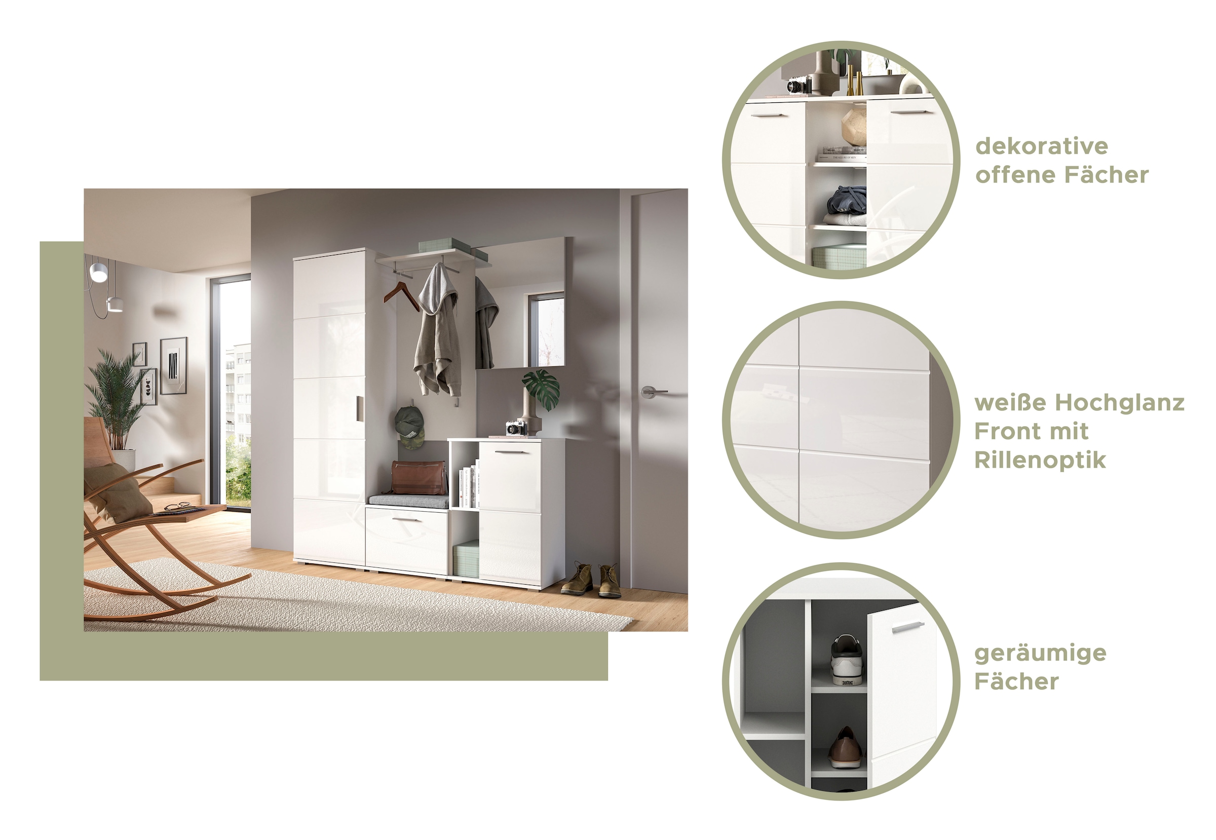 INOSIGN Garderoben-Set »Valge, Breite 140 cm, 4-teiliges Set, bestehend aus:«, (4 St.), Garderobenschrank, Spiegelschrank, Sitzbank und Garderobenpaneel