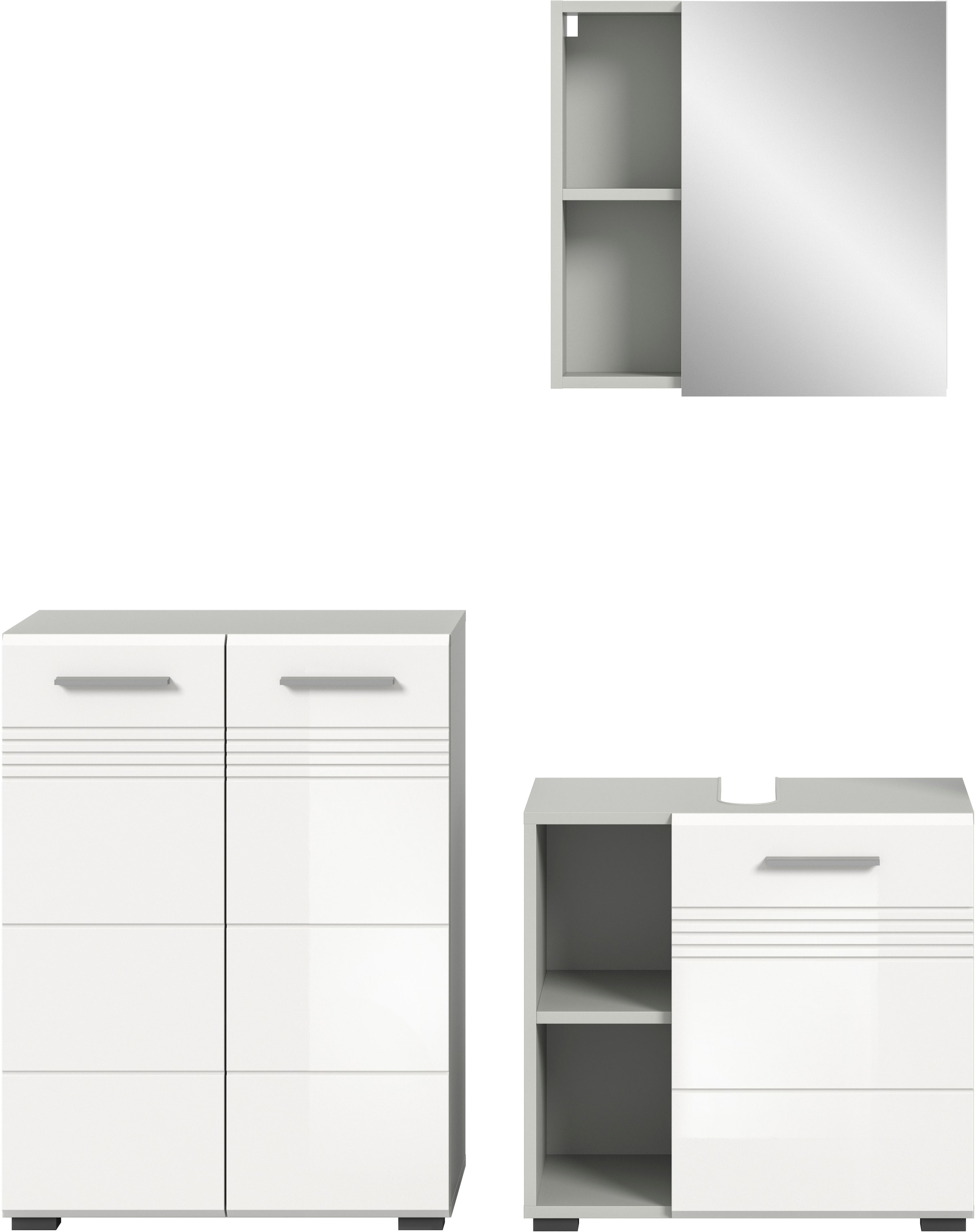 welltime Badmöbel-Set »Calicio, bestehend aus: Midischrank, Waschbeckenunterschrank,«, (3 St.), Spiegelschrank, hochwertige MDF Front mit Rillenfräsung