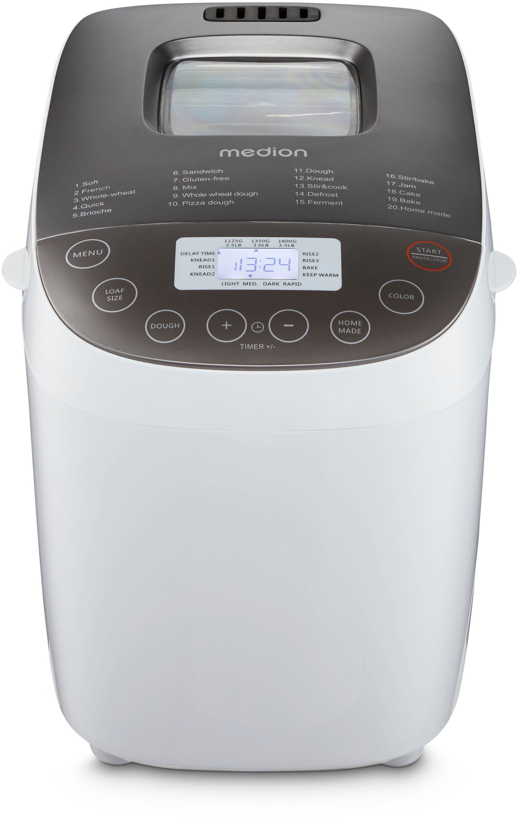 Medion® Brotbackautomat »MD 12040, 20 Backprogramme, 3 Bräunungssufen, doppelter Knethaken«, 20 Programme, 950 W, Bis zu 1600g Fassungsvermögen, Warmhaltefunktion, ILAG Beschichtung