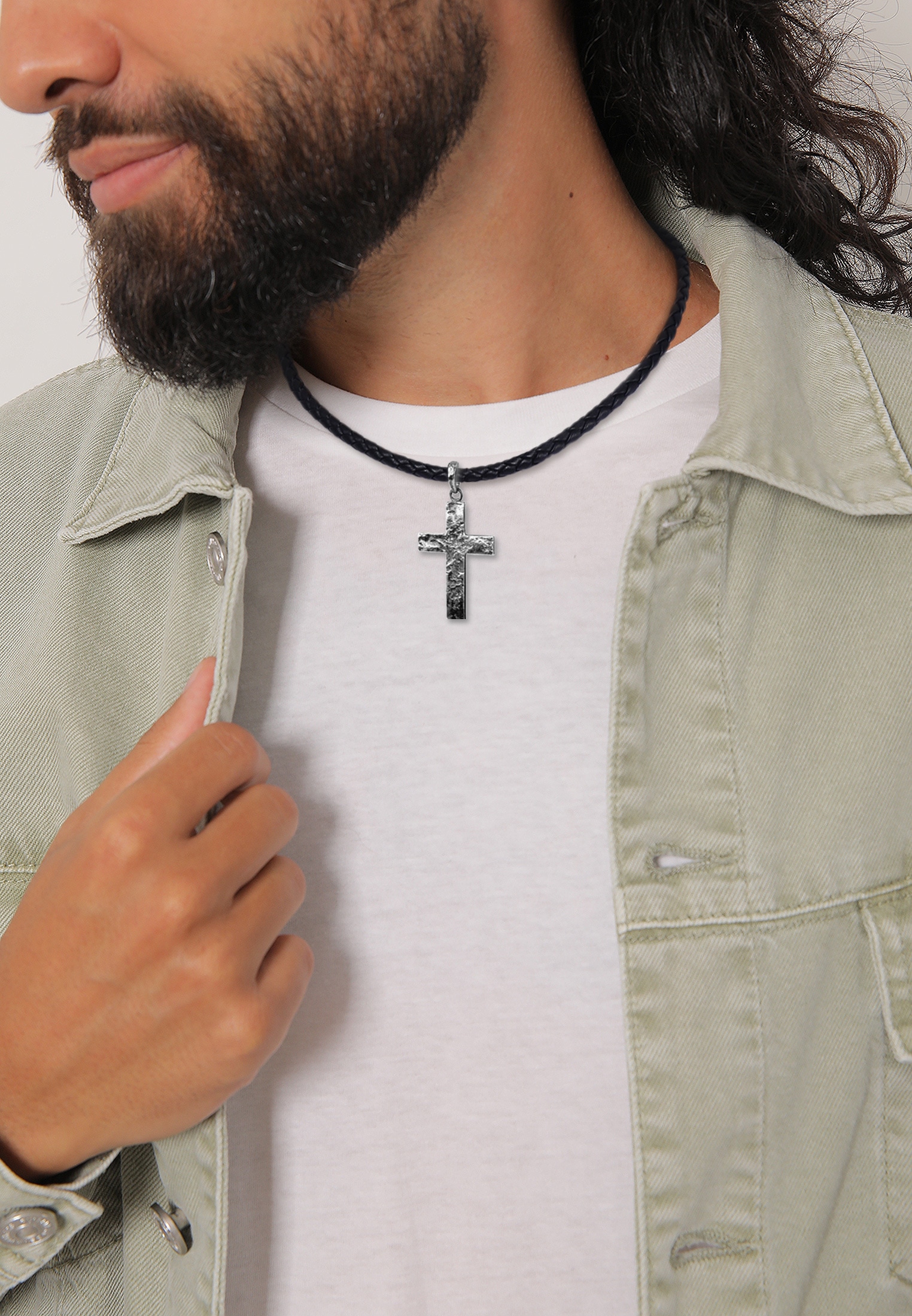 Kette Matt mit online 925 Anhänger Lederkette Kuzzoi kaufen »Herren Oxidiert Kreuz Silber«