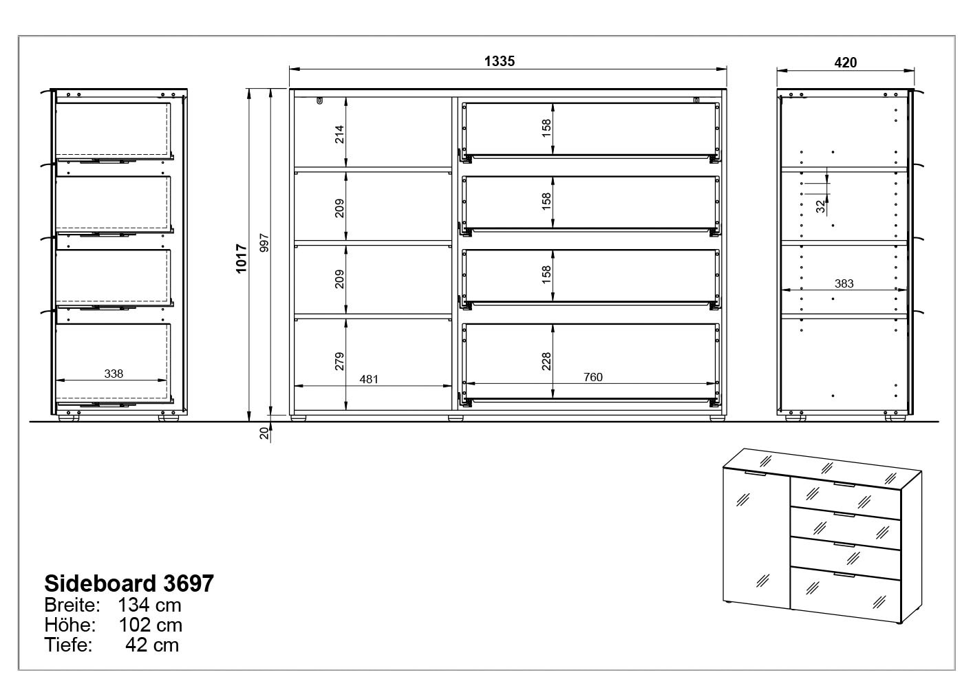 GERMANIA Sideboard »Oakland«, in 2 Breiten, Fronten und Oberboden mit Glasauflage