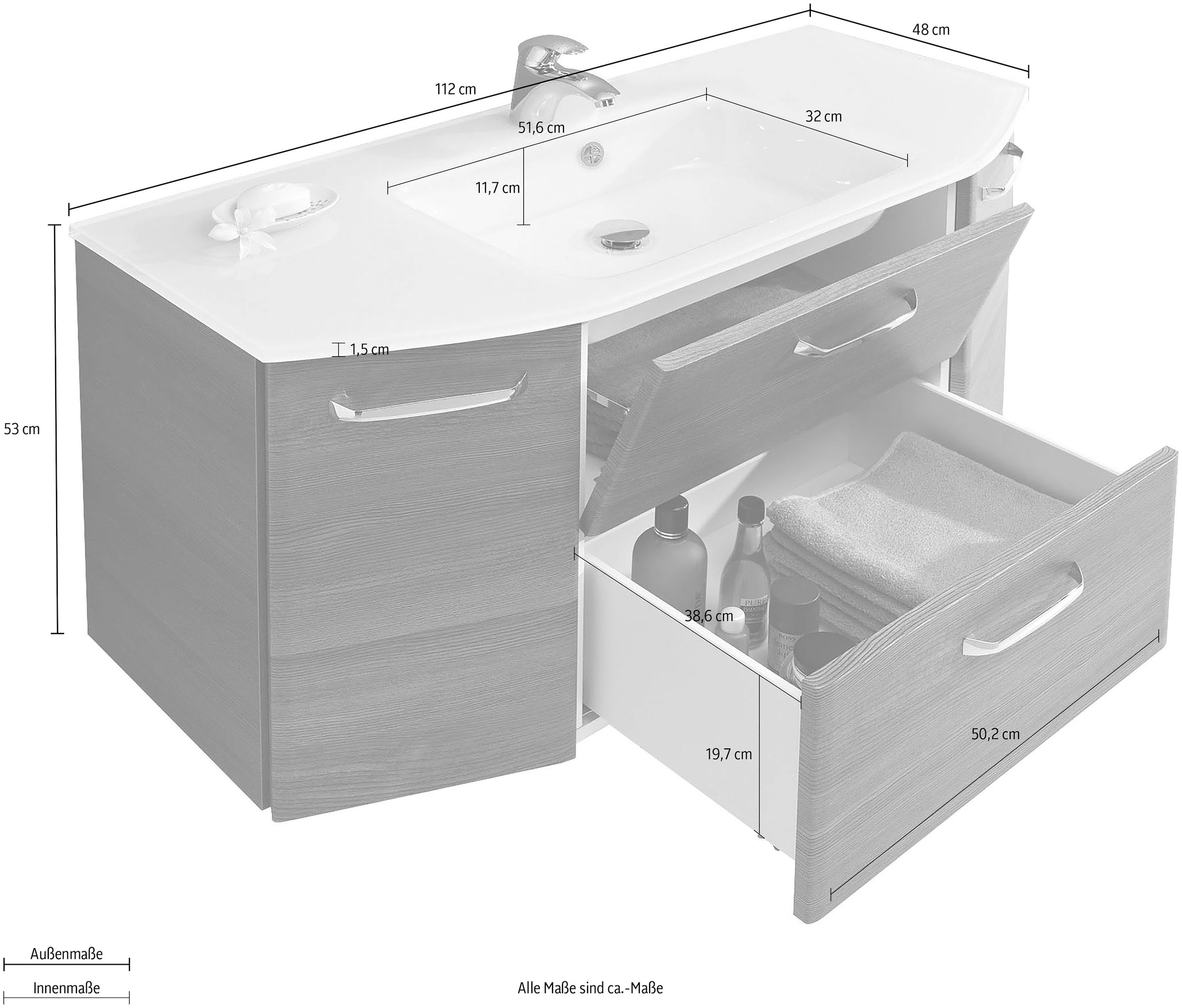 Saphir Waschtisch »Quickset Waschplatz inkl. Glaswaschtisch, 112 cm breit, 2 Türen«, Unterschrank mit Waschbecken, inkl. Türdämpfer, Griffe Chrom Glanz