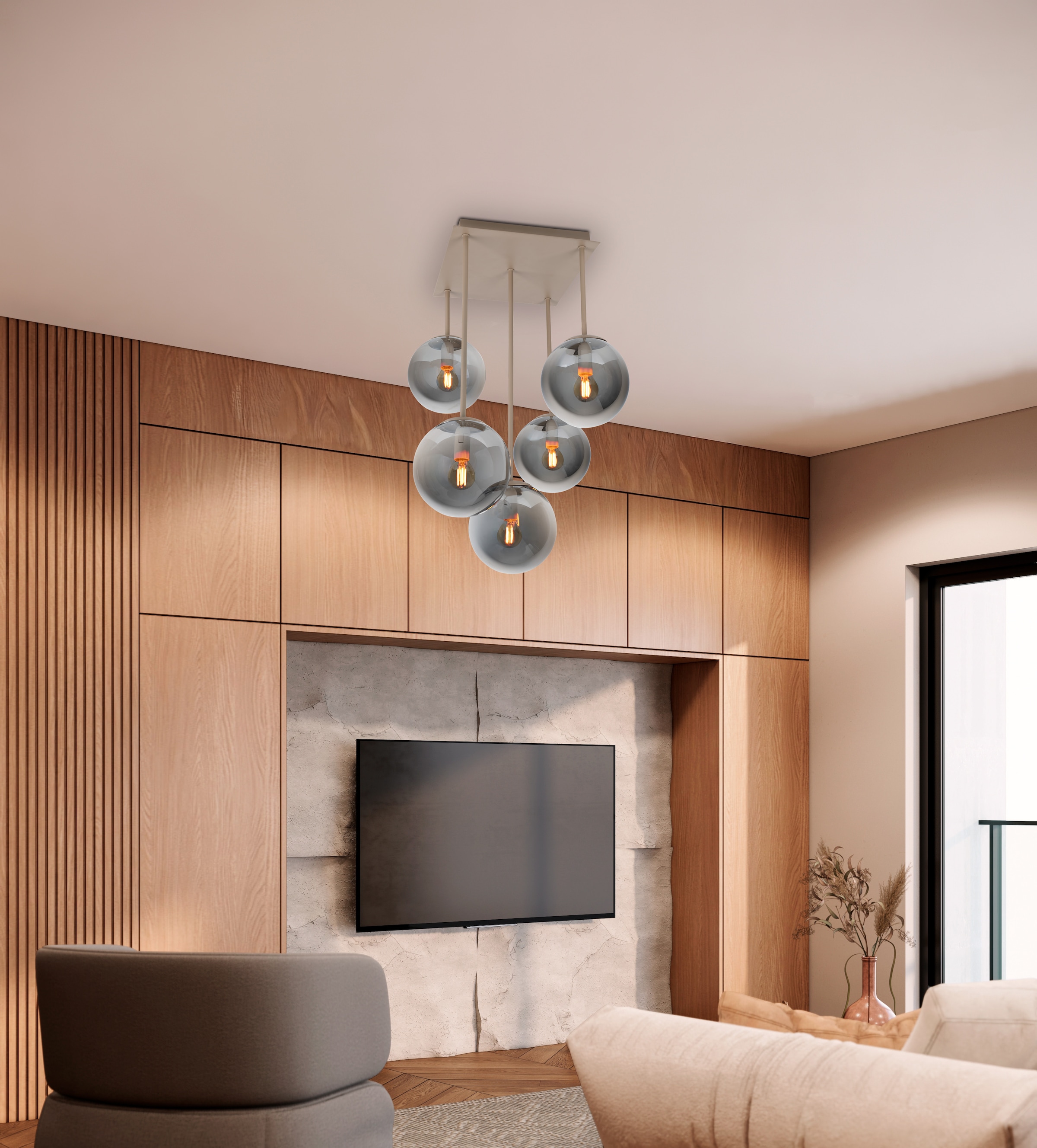 my home Pendelleuchte »Nymölla« E14 1 Stk. 5 Glaskugeln mit je 1x E14 exkl., Gestell eckig beige matt