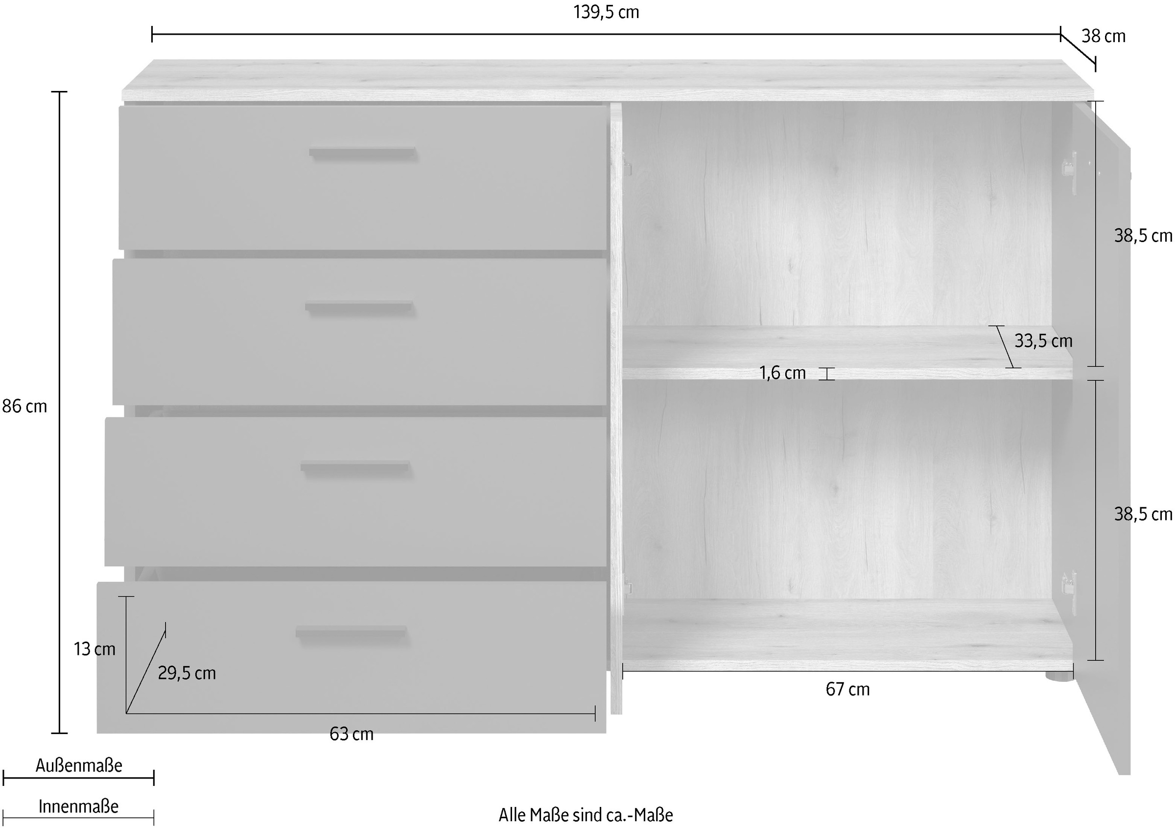 Home affaire Kommode »Estepona« 1 Stk. tlg. Sideboard mit voll ausziehbaren Schubladen - (B/T/H) 139/38/86 cm