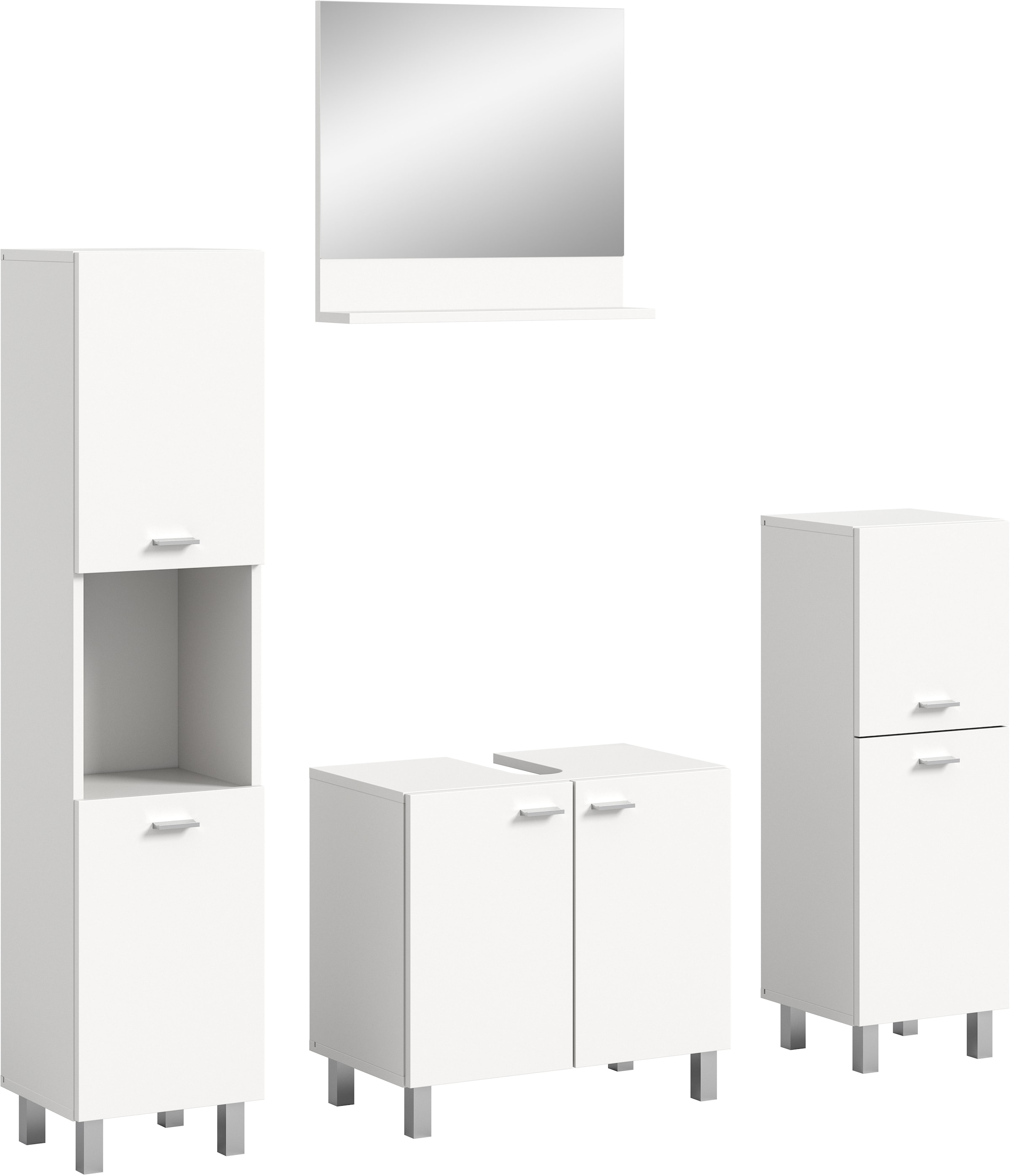 welltime Badmöbel-Set »Tampa, Breite 137cm, 4-teilig«, (4 St.), Waschbeckenunterschrank, Spiegel, Hochschrank, Midischrank