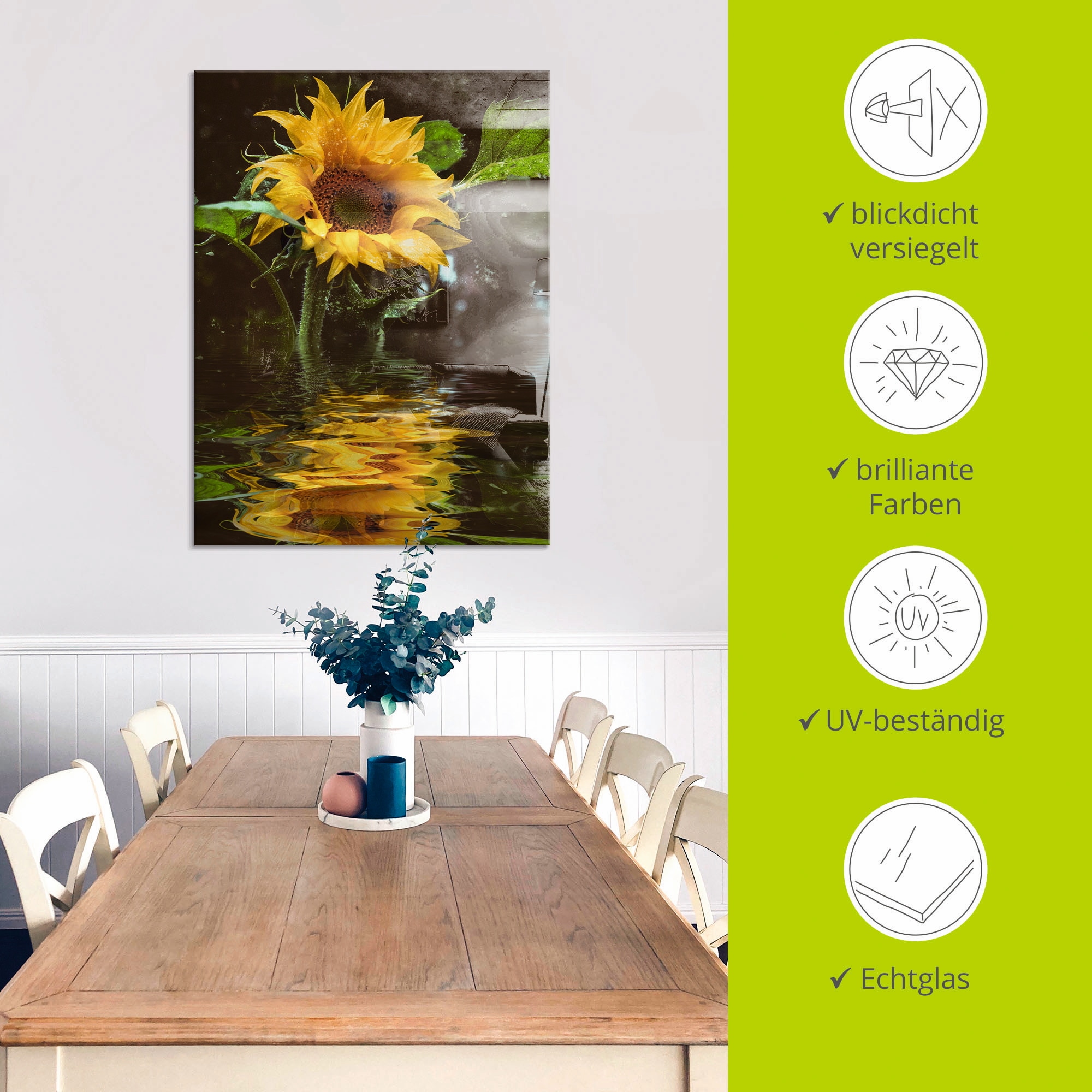 Artland Glasbild »Sonnenblume mit Wasserspiegelung«, Blumen, (1 St.), in verschiedenen Größen