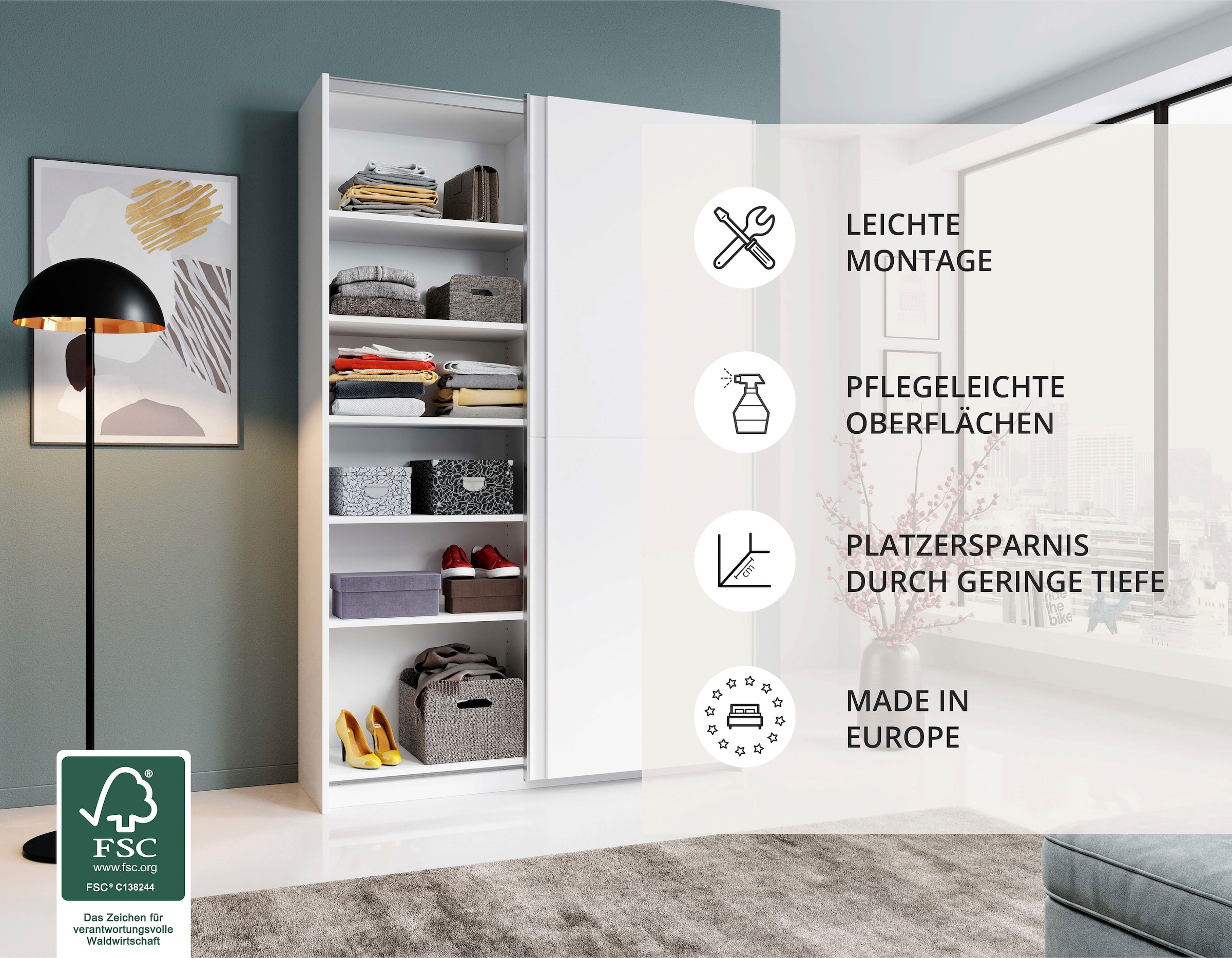 Schlafkontor Schwebetürenschrank »Heimo/Fast Schrank Kleiderschrank Garderobe«, geringe Tiefe, ausziehbarer Kleiderstange, Garderobenschrank, 6 Böden