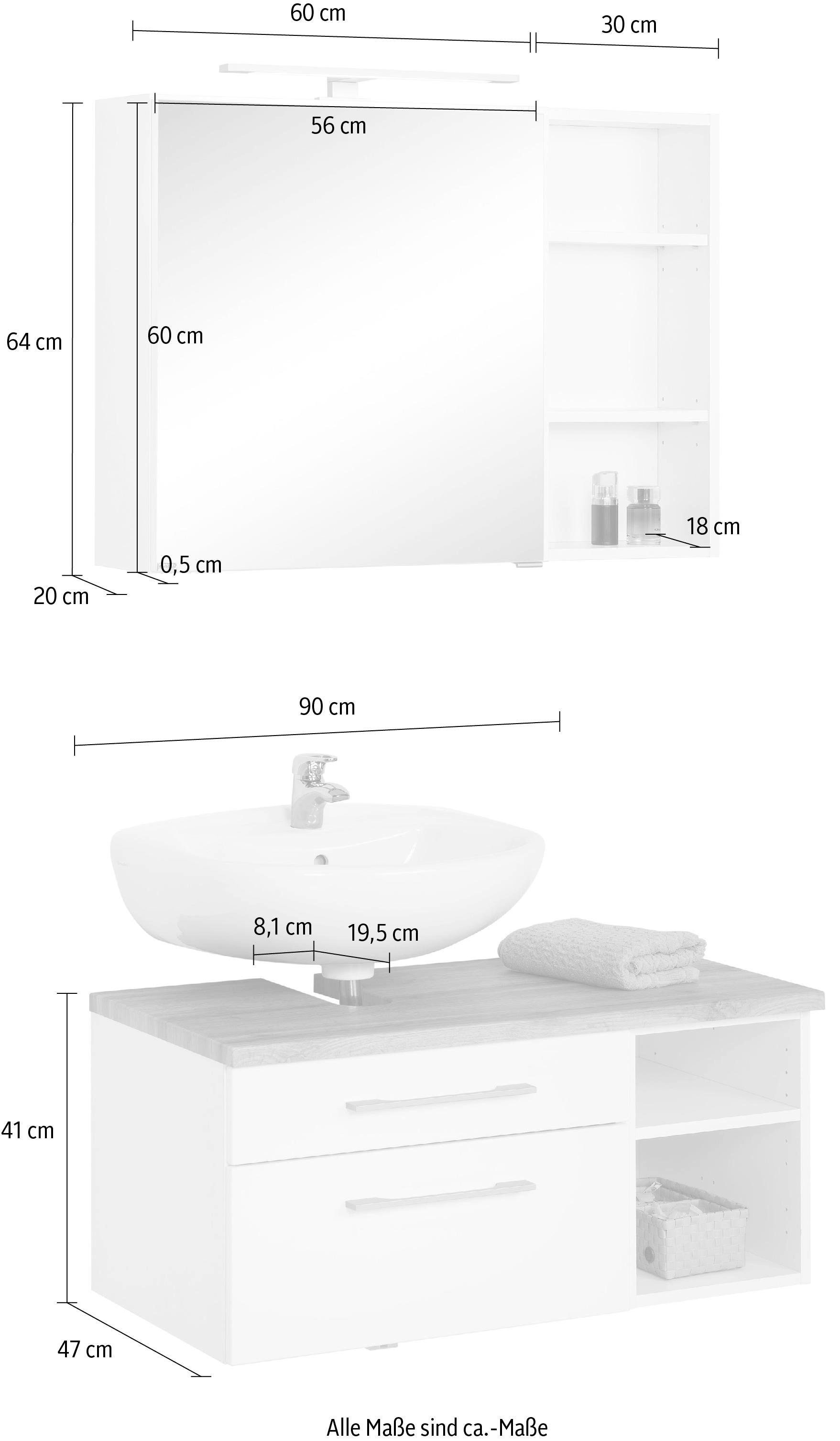 HELD MÖBEL Badmöbel-Set »Davos«, (3 LED-Beleuchtung, kaufen mit Rechnung auf Waschbeckenunterschrank Hängeschrank und St.)
