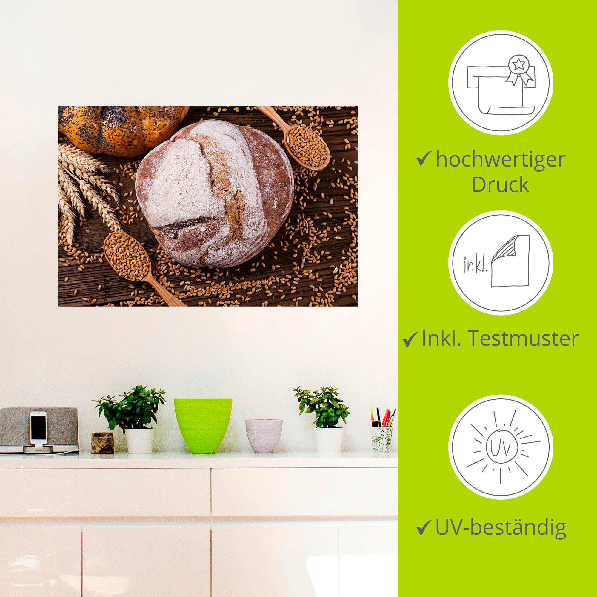 Artland Wandbild »Leckeres Landbrot mit Dekoration«, Getreide, (1 St.), als Alubild, Leinwandbild, Wandaufkleber oder Poster in versch. Größen