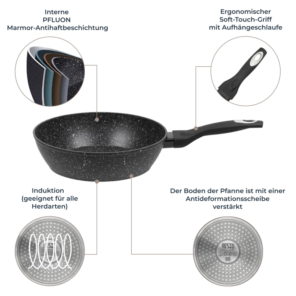 RESTO Kitchenware Bratpfanne »Antlia, tiefe Pfanne mit ergonomischem Soft-Touch-Griff«, Aluminium, (1 tlg.), Marmor-Antihaftbeschichtung, 4-lagig, für alle Herdarten geeignet