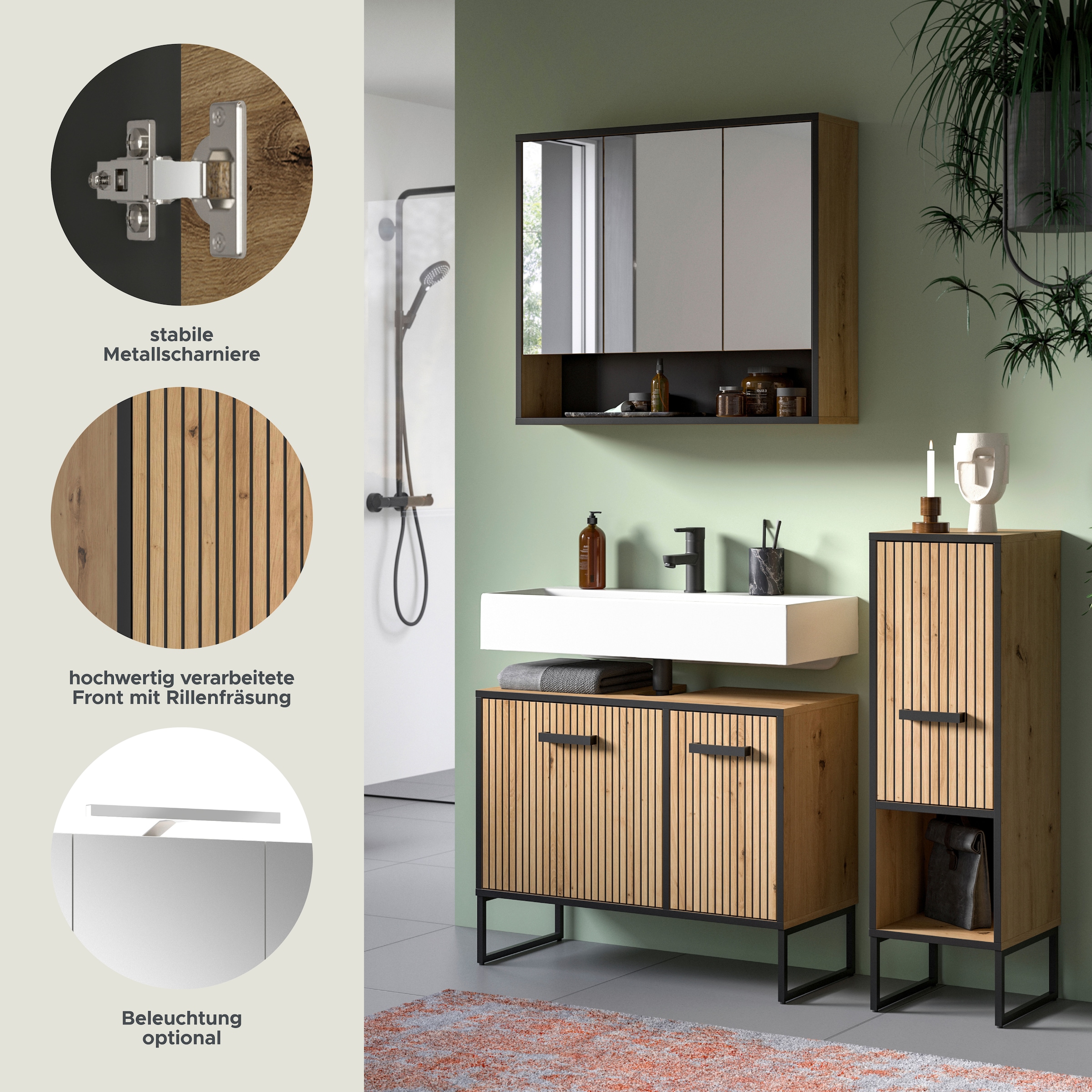 welltime Badmöbel-Set »LOCRI, 3-tlg. Badkombination, Breite 125 cm, Rillenoptik, Metallkufen« bestehend aus: Waschbeckenunterschrank, Spiegelschrank & Standschrank, 3 Stk. tlg.