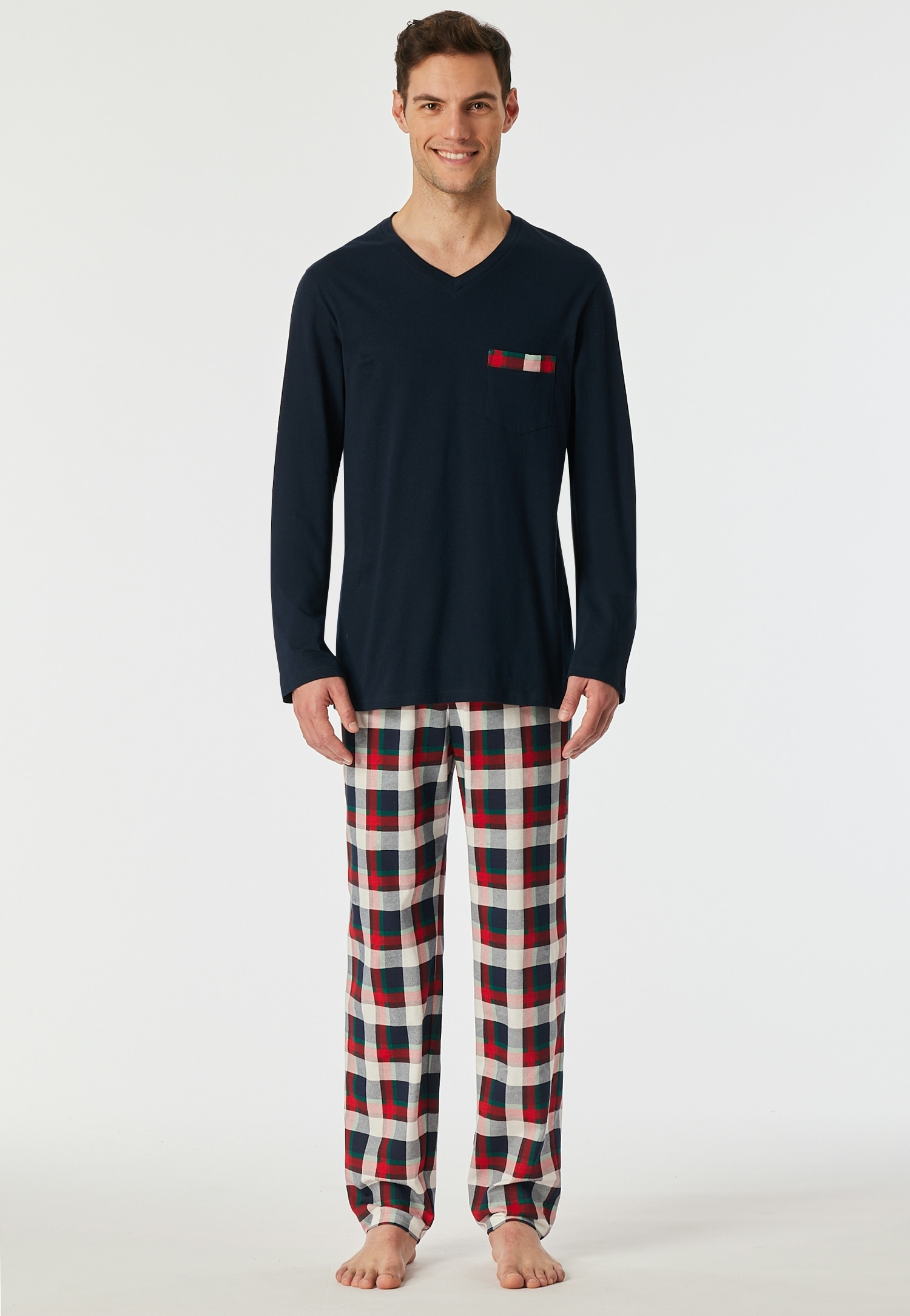 Schiesser Schlafanzug »Family« 2 tlg. V-Ausschnitt, Brusttasche, Langarm, Hose kariert