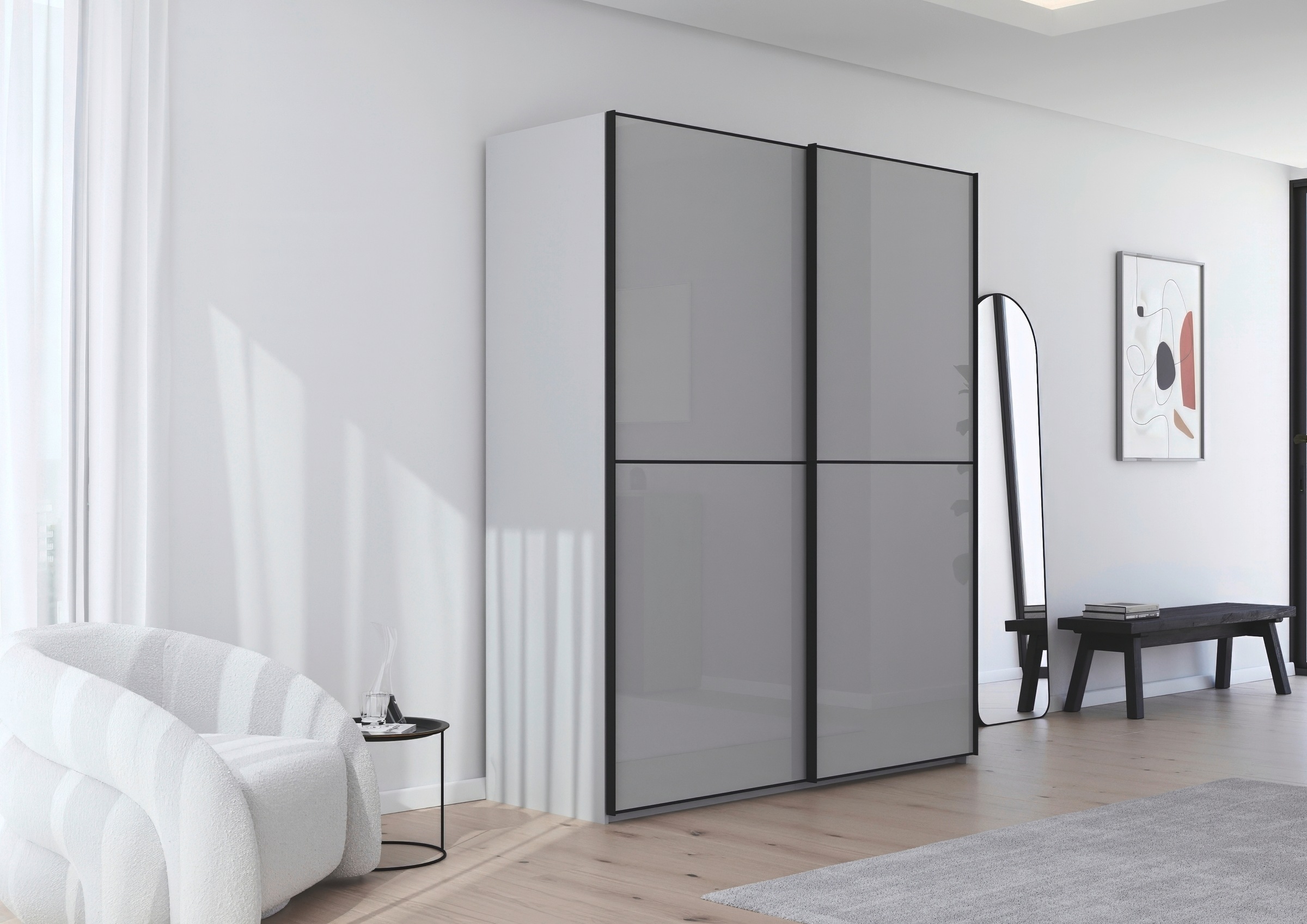 rauch Schwebetürenschrank »Kleiderschrank Schrank Garderobe Schlafzimmerschrank SCALE-DUO«, edle zweigeteilte Türen Glas-Front mit 3 Zierleisten MADE IN GERMANY