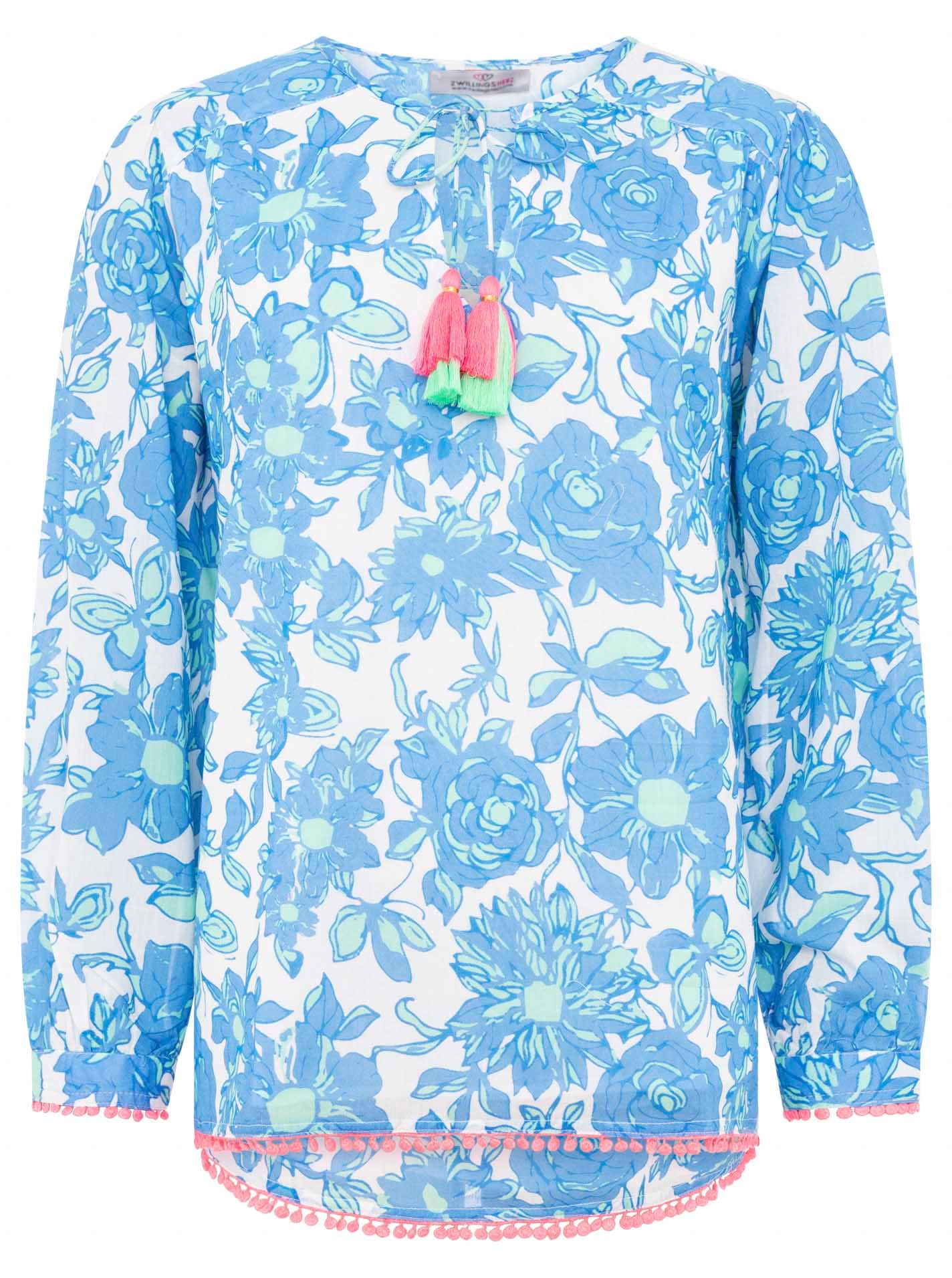 Zwillingsherz Shirtbluse »"Schmetterling"«, mit Blumenmuster, Tasseln und Pom Pom Besatz