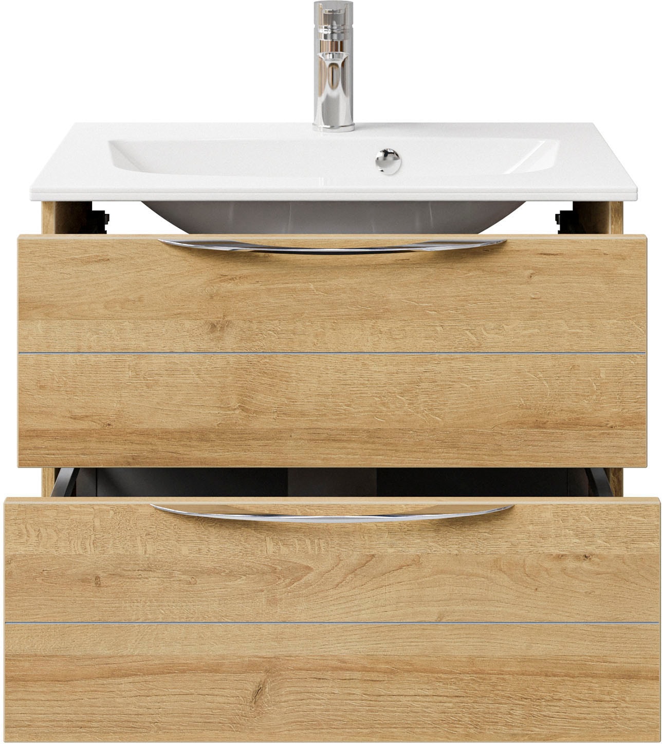 Saphir Badmöbel-Set »Serie 6025 2-teilig Mineralmarmor-Waschtisch mit LED-Spiegelschrank«, (2 St.), Waschplatz 67 cm breit, 2 Schubladen, 2 Spiegel-Türen, inkl Türdämpfer