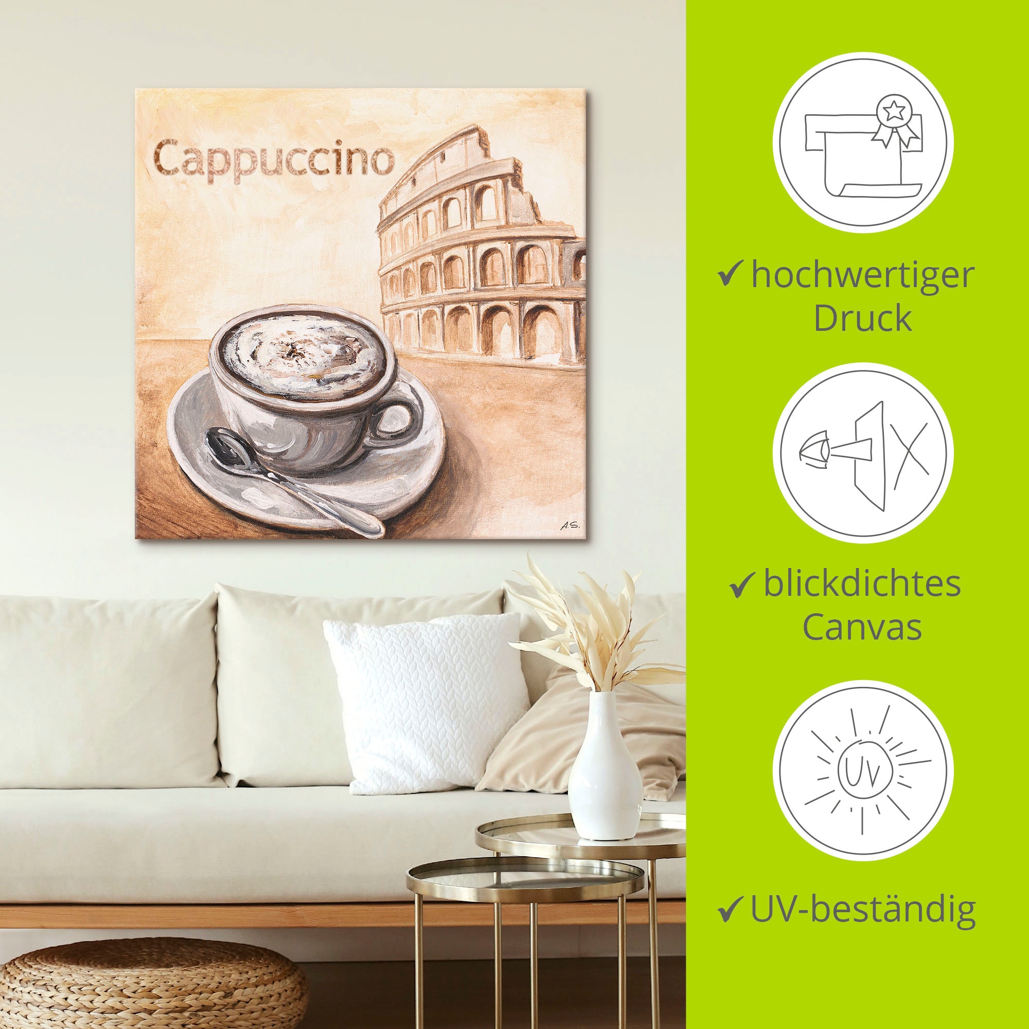 Artland Wandbild »Cappuccino in Rom«, Kaffee Bilder, (1 St.), als Leinwandbild in verschied. Größen
