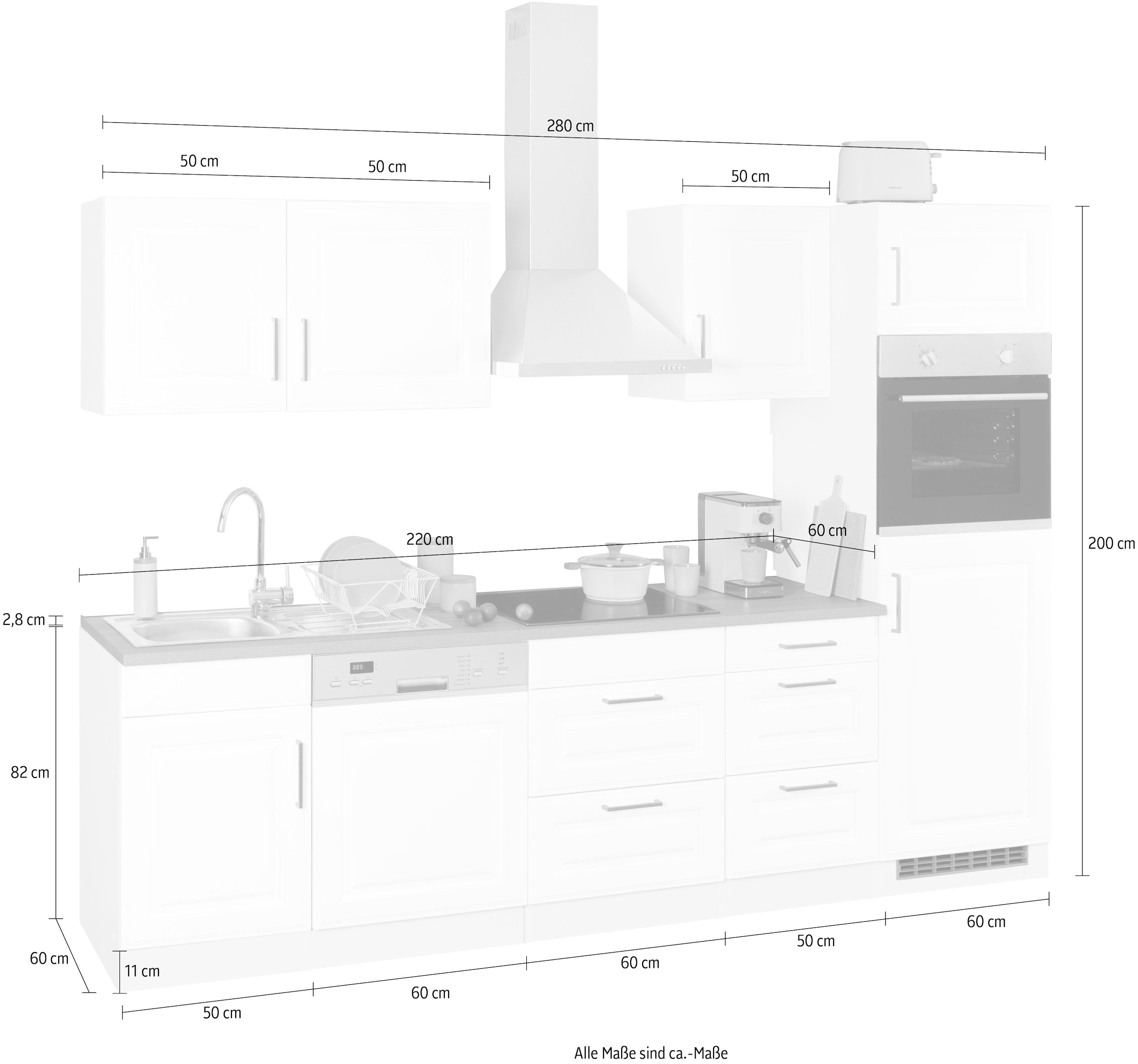HELD MÖBEL Küchenzeile »KS-Stockholm«, Breite 280 cm, mit hochwertigen MDF Fronten im Landhaus-Stil