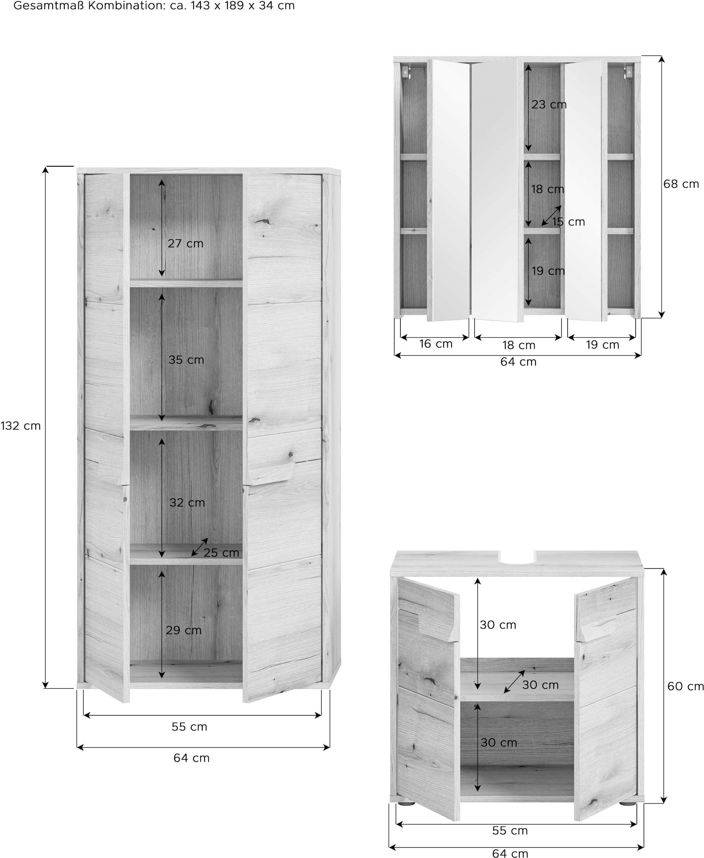 welltime Badmöbel-Set »Kayu, bestehend aus: Midischrank, Waschbeckenunterschrank,«, Spiegelschrank, hochwertige MDF Front mit Rillenfräsung, Bad, Bad Set