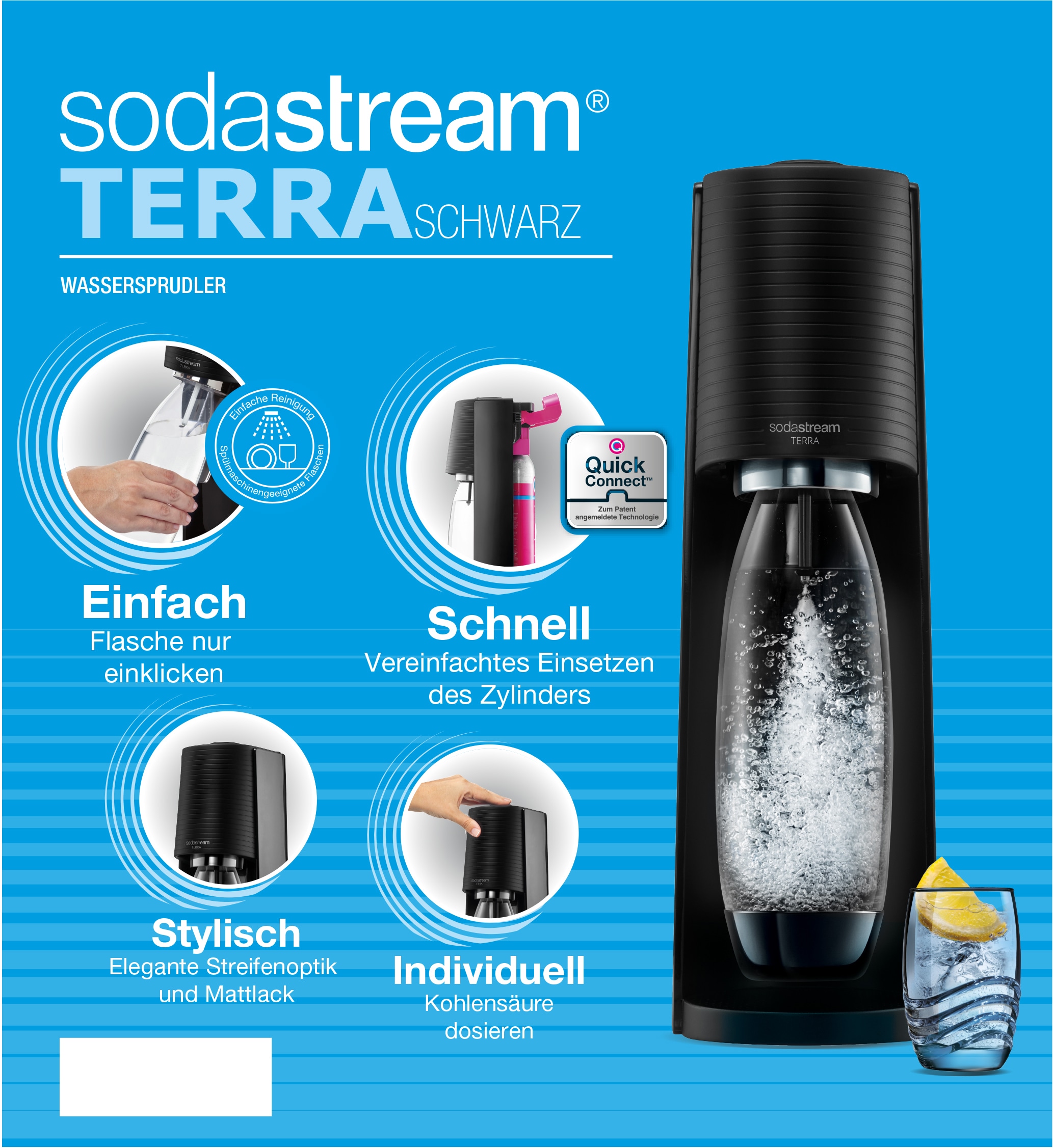 CO2-Zylinder bestellen inkl. SodaStream »TERRA«, Kunststoff-Flasche Wassersprudler auf Rechnung 1x spülmaschinenfeste 1L CQC, 1x
