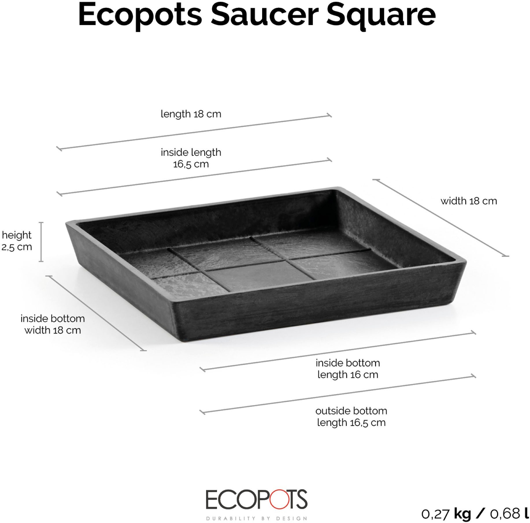 ECOPOTS Blumentopfuntersetzer »SQUARE SAUCER Dark Grey« BxTxH: 18x18x2,5 cm