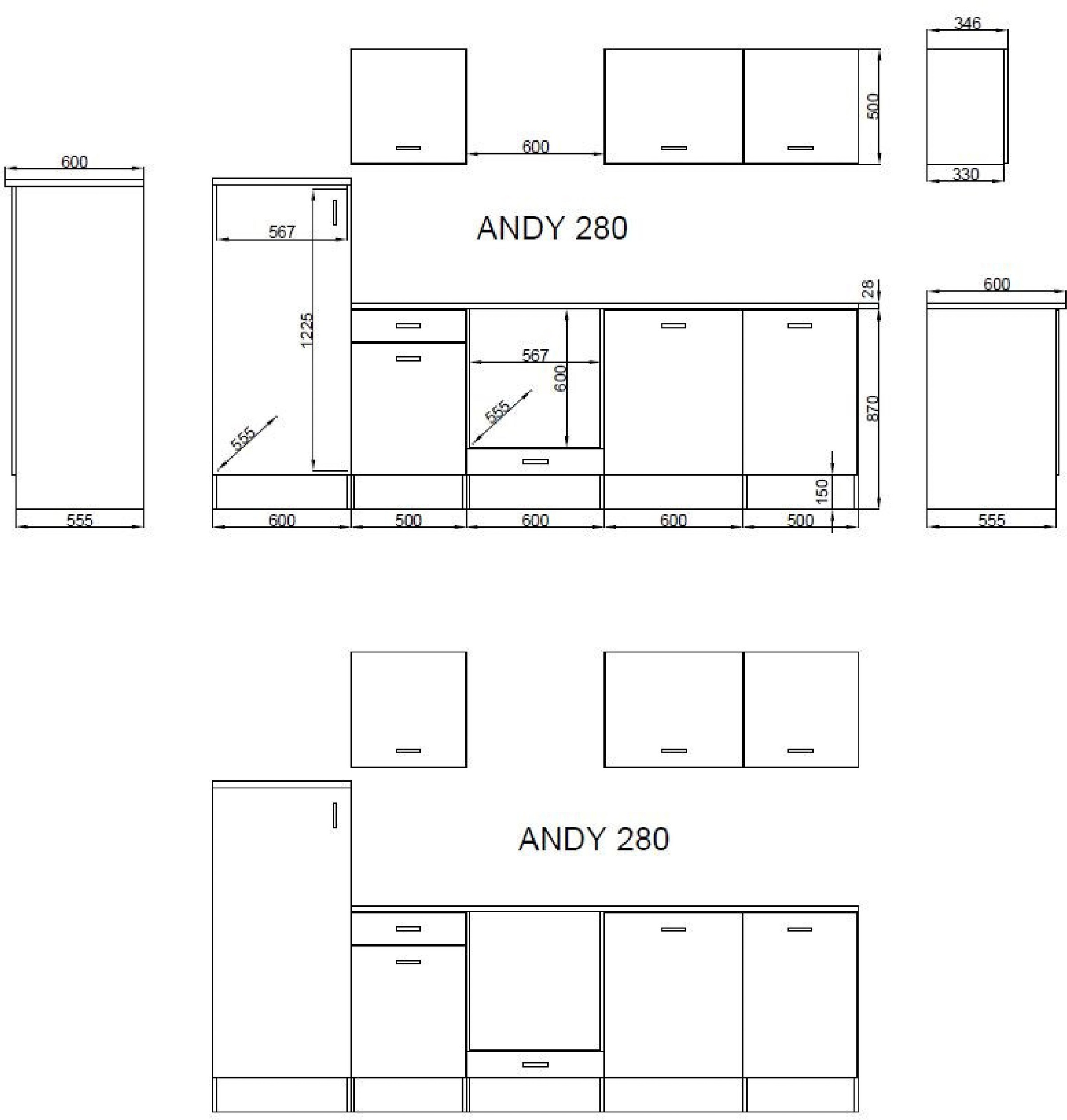 BASIC by Balculina Küchenzeile »Andy«, Breite 280 cm, wahlweise mit E-Geräten