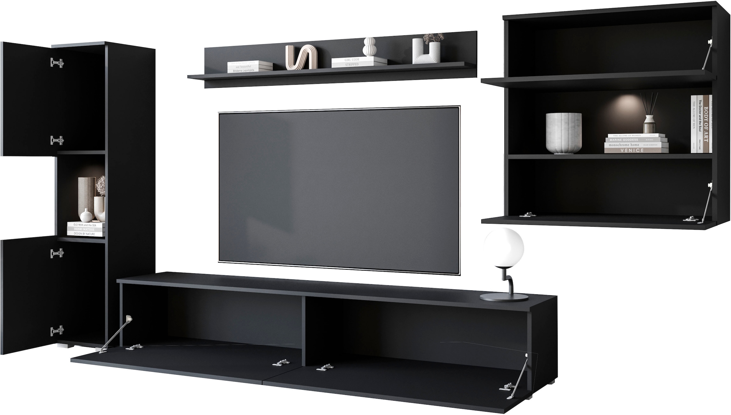 INOSIGN Wohnwand »PARIS«, (Komplett-Set, 4 St.), TV-Wand 300cm breite, grifflose Design, stehend und hängend montierbar