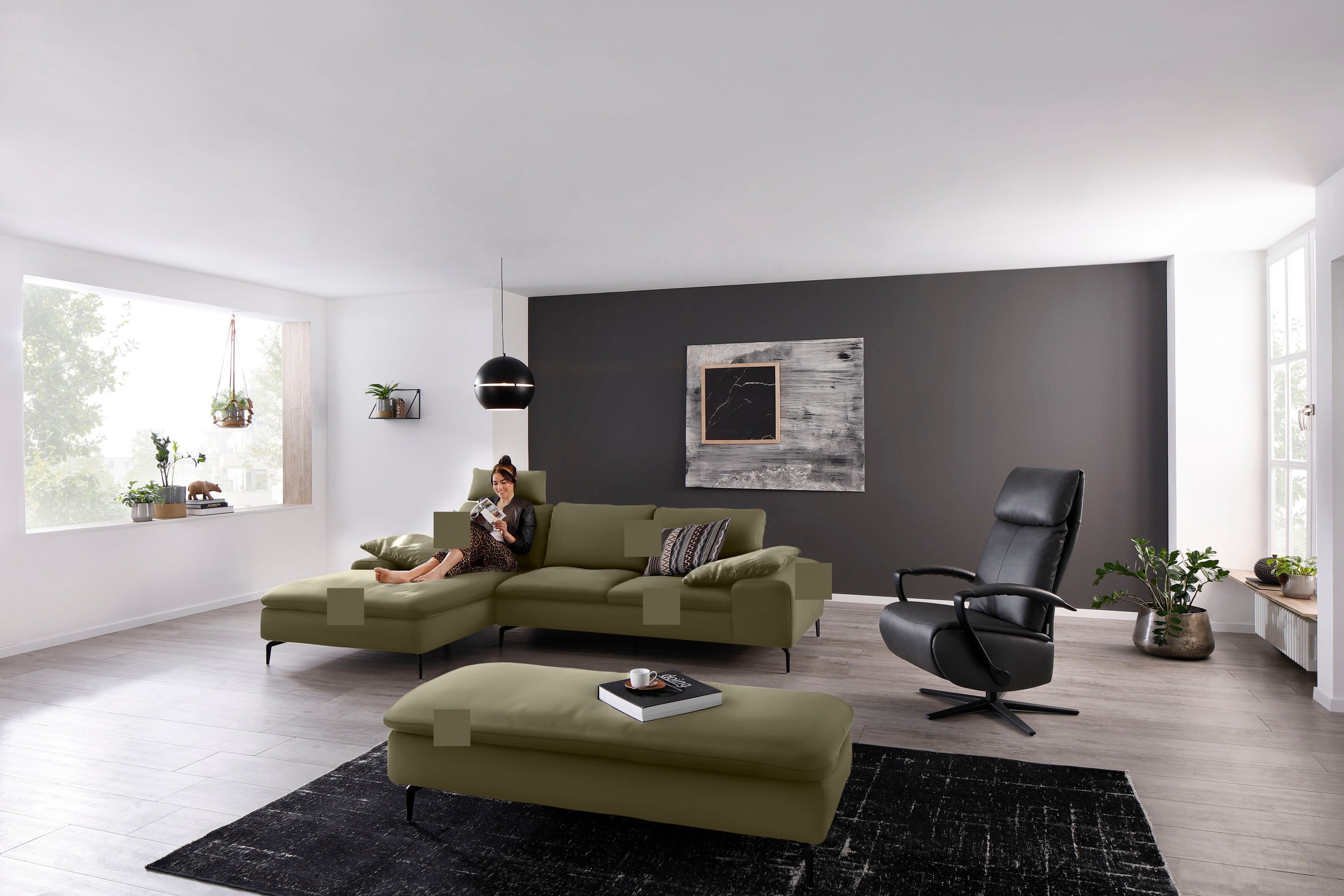 W.SCHILLIG Ecksofa »valentinoo, Designsofa, bequem, elegant und zeitlos, L-Form«, (Set), inklusive Hocker, mit Sitztiefenverstellung, Breite 299 cm