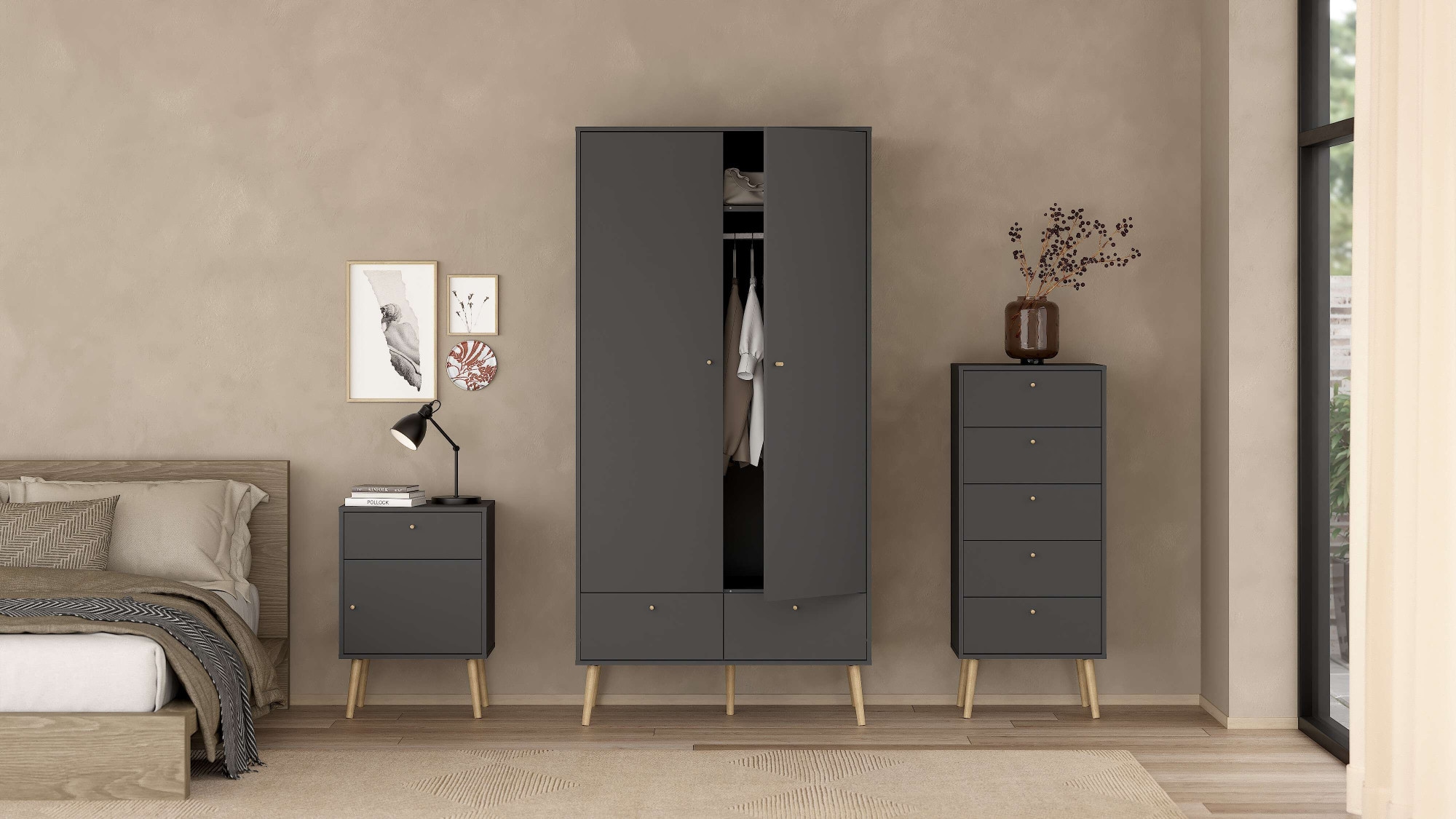 andas Nachtkommode »Bodo, Nachttisch, Nachtschrank, Beistelltisch,«, 1 Tür, 1 Schublade, Beine und Griffe aus Massivholz, Breite 50 cm