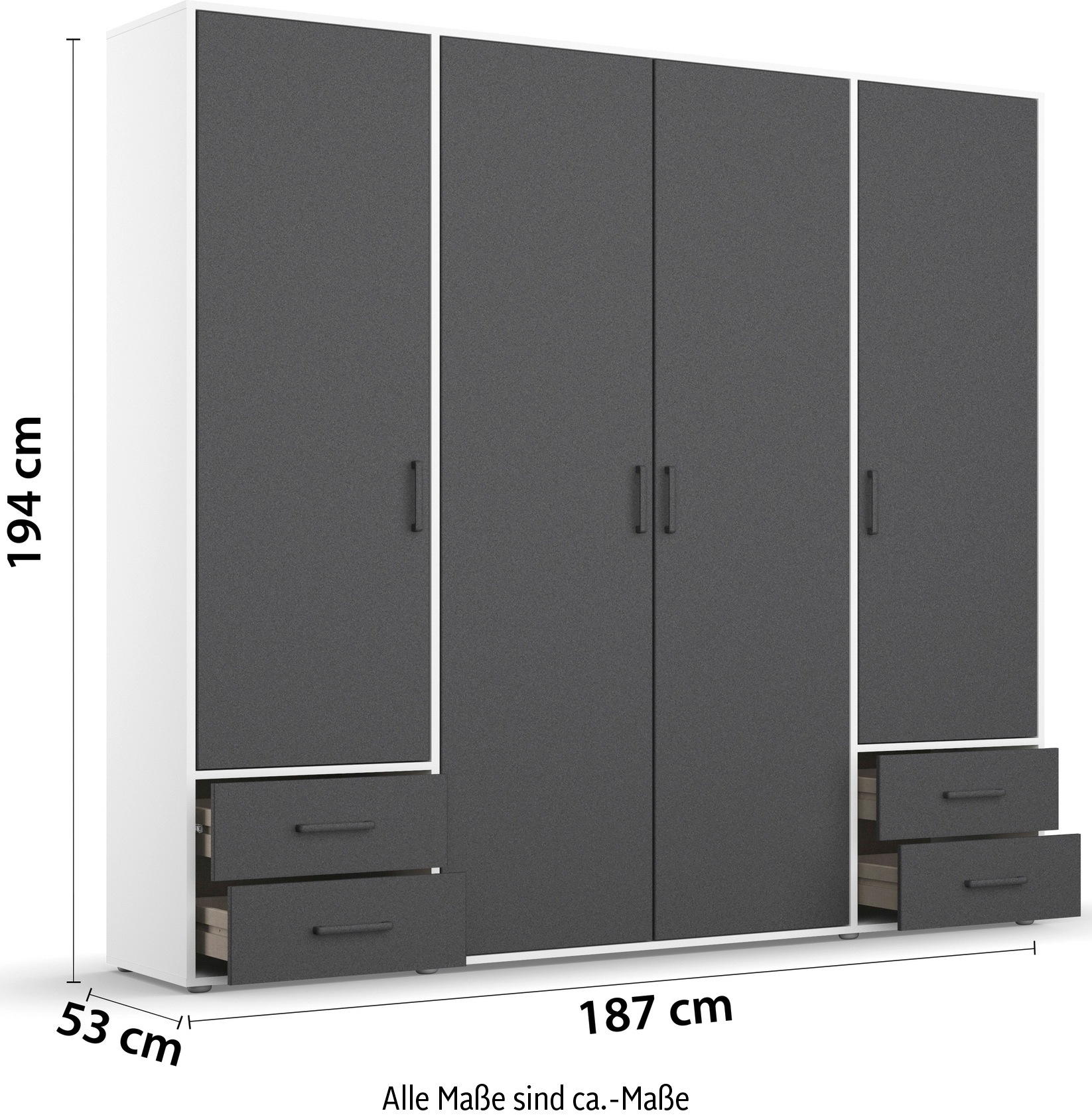 rauch Drehtürenschrank »Kleiderschrank Schrank Garderobe Wäscheschrank VOYAGER«, (in 3 verschiedenen Ausstattungen BASIC/CLASSIC/PREMIUM), moderne Griffe in Graumetallic mit Außenschubkästen MADE IN GERMANY