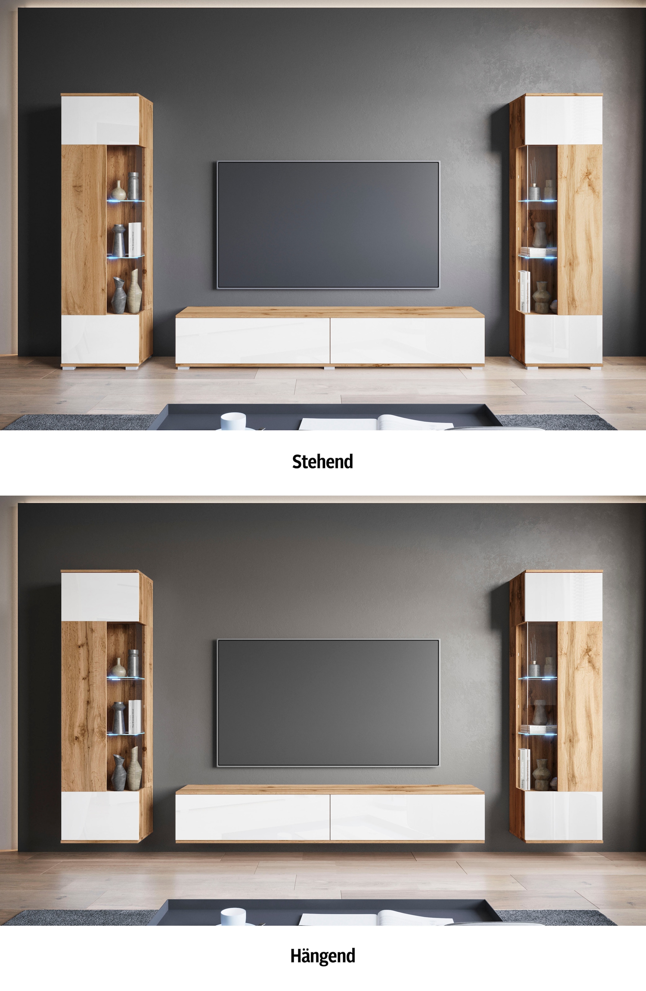 INOSIGN Wohnwand »Kenia, Vitrine Türanschlag links/rechts wechselbar«, (3 St.), Vitrinen mit Eckverglasung, hängend und stehend montierbar