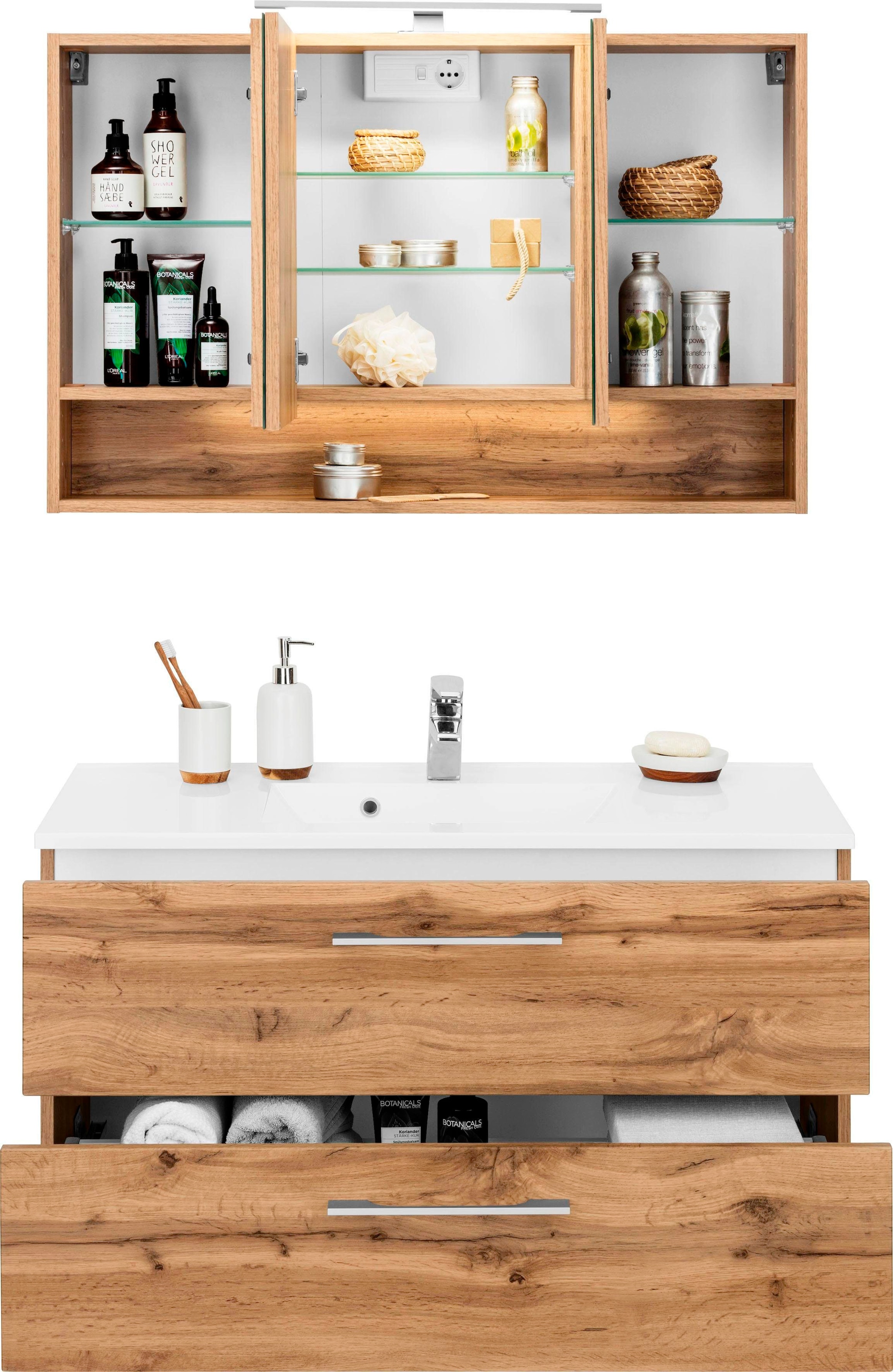 welltime Badmöbel-Set »Soria«, (2 St.), Waschplatz Breite 100 cm, Spiegelschrank