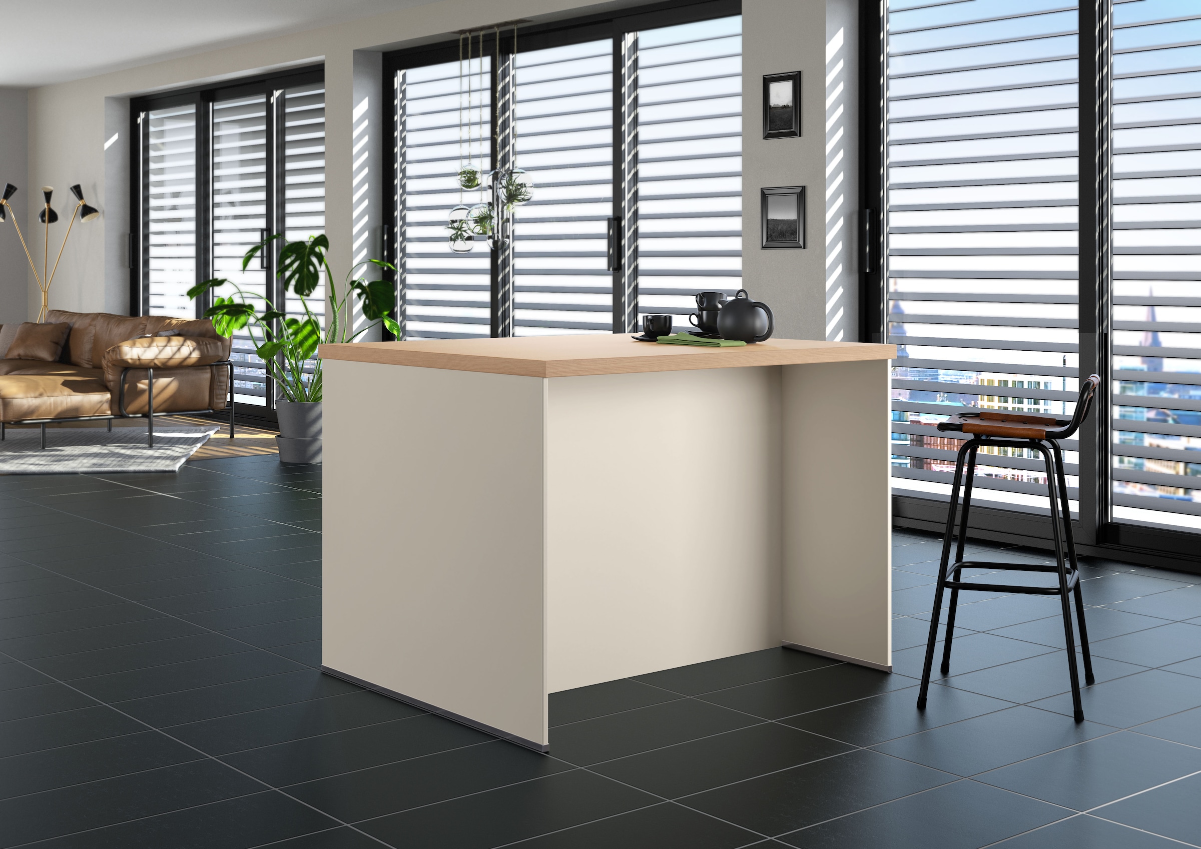 IMPULS KÜCHEN Kücheninsel »Kopenhagen, flexibel stellbar, Schubkästen mit Soft-Close« Set,  vormontiert, mit integriertem Sitzplatz auf einer Seite, Breite 123 cm