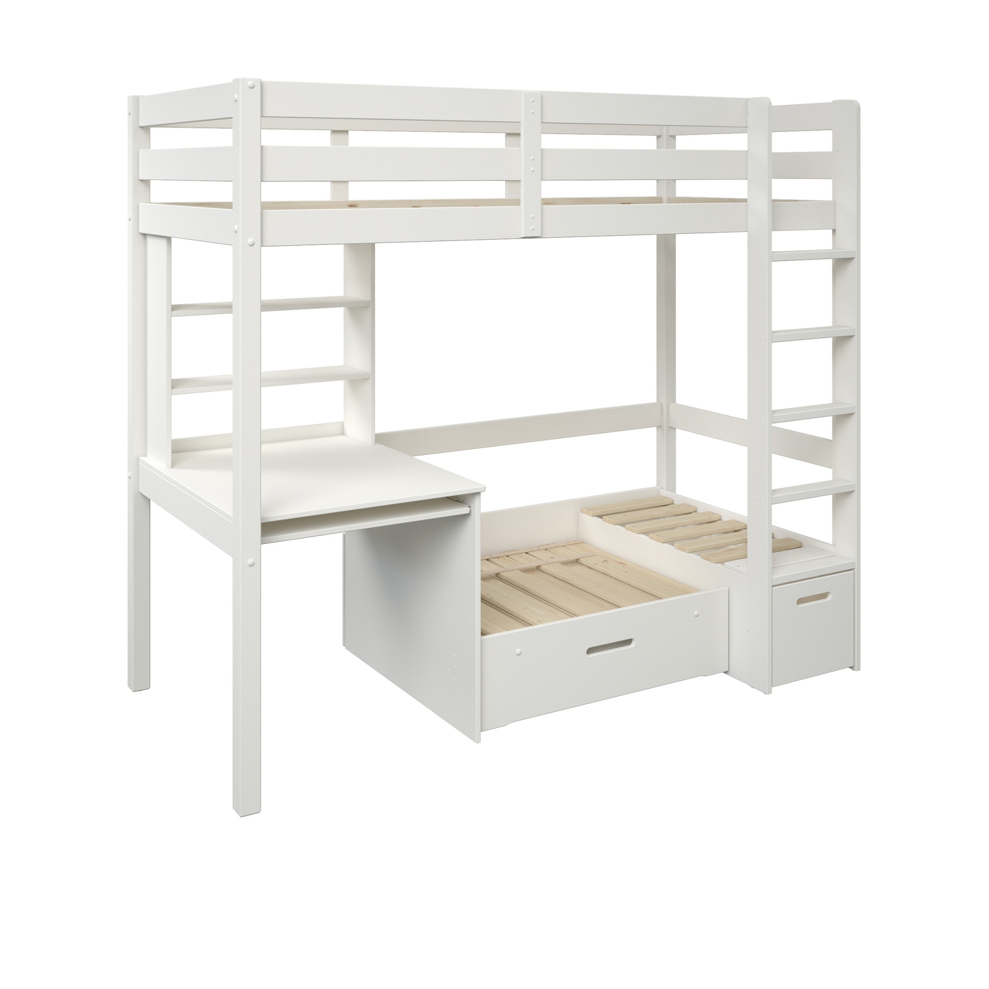 Lüttenhütt Etagenbett »Stockbett, Doppelstockbett "HENNE " zertifiziertes Massivholz«, mit Schreibtisch, Regale, ausziehbarem Sessel,OHNE MATRATZEN/AUFLAGEN!