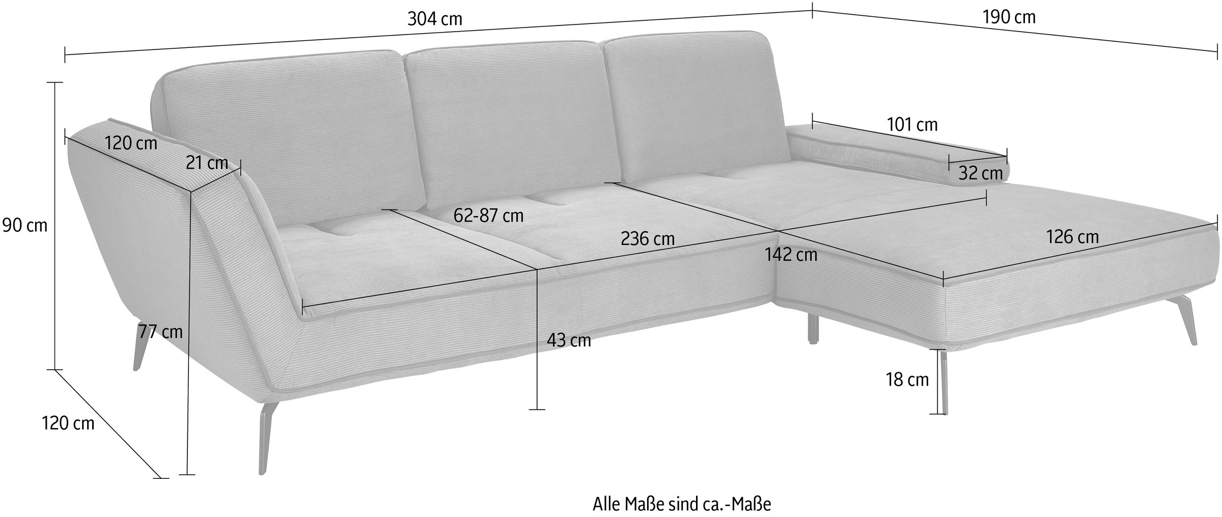 set one by Musterring Ecksofa »SO 4500, Füße schwarz matt, inkl Schwenkrückenfunktion, Cord, L-Form«, wahlweise mit Kopfstütze/Armteilverstellung/Rückenneigung
