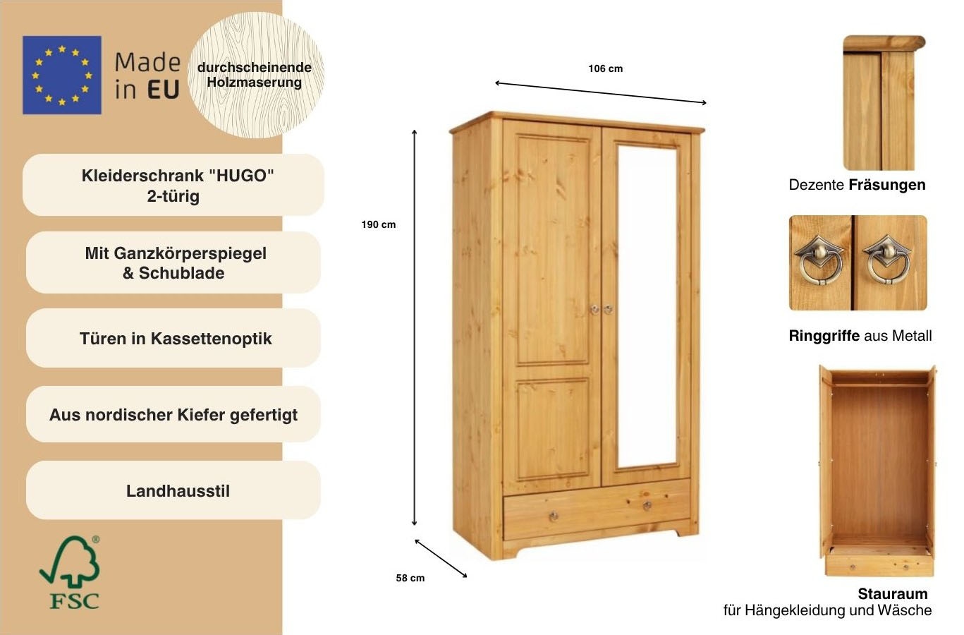 Home affaire Kleiderschrank »Hugo« 3 Breiten: 106/200/245 cm H/T ca. 190/58 cm,  aus massiver Kiefer im Landhausstil, mit Spiegel