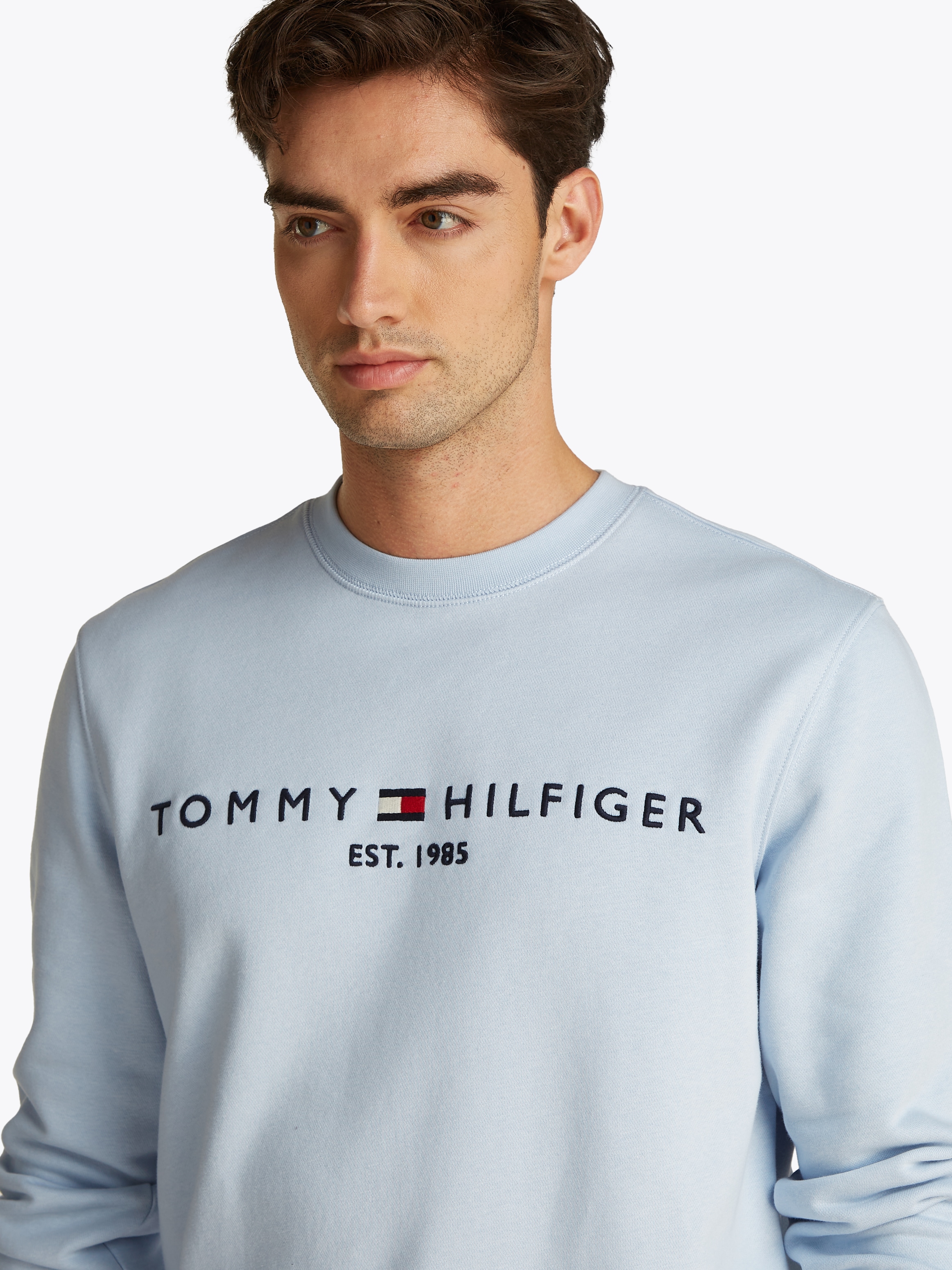 Tommy Hilfiger Sweatshirt »TOMMY LOGO SWEATSHIRT mit Rundhals und Stickerei«, unifarben, casual, regular fit, Baumwollmix, Rundhals