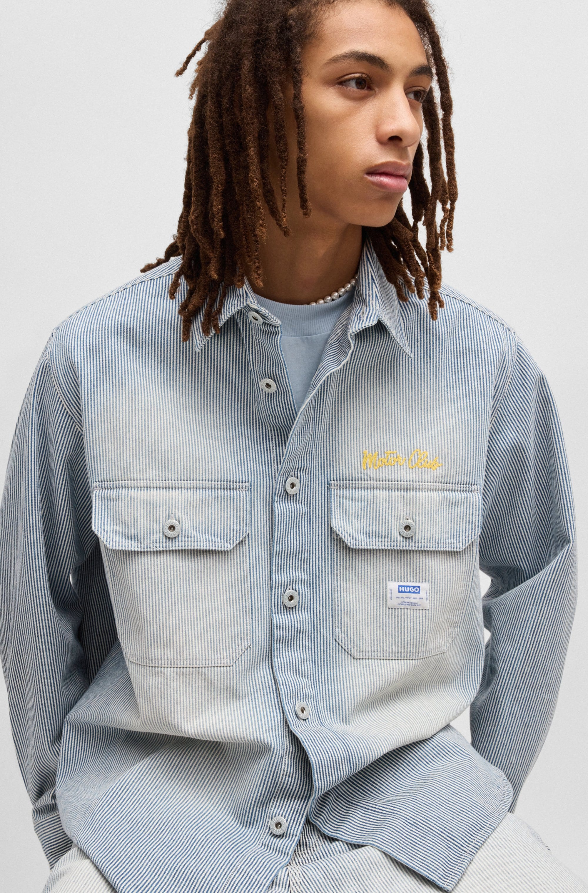 HUGO Blue Langarmhemd »Ebolt«, mit HUGO Badge, Overshirt Skater Baggy Pinstripe