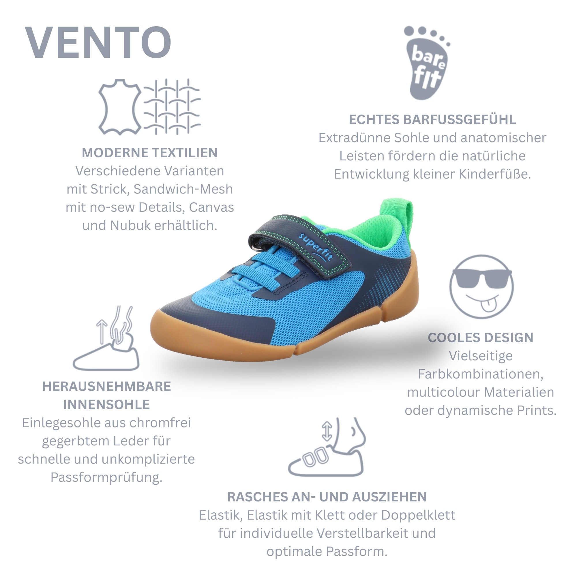 Superfit Barfußschuh »VENTO WMS: weit«  Klettschuh, WMS: weit V, Größenschablone zum Download