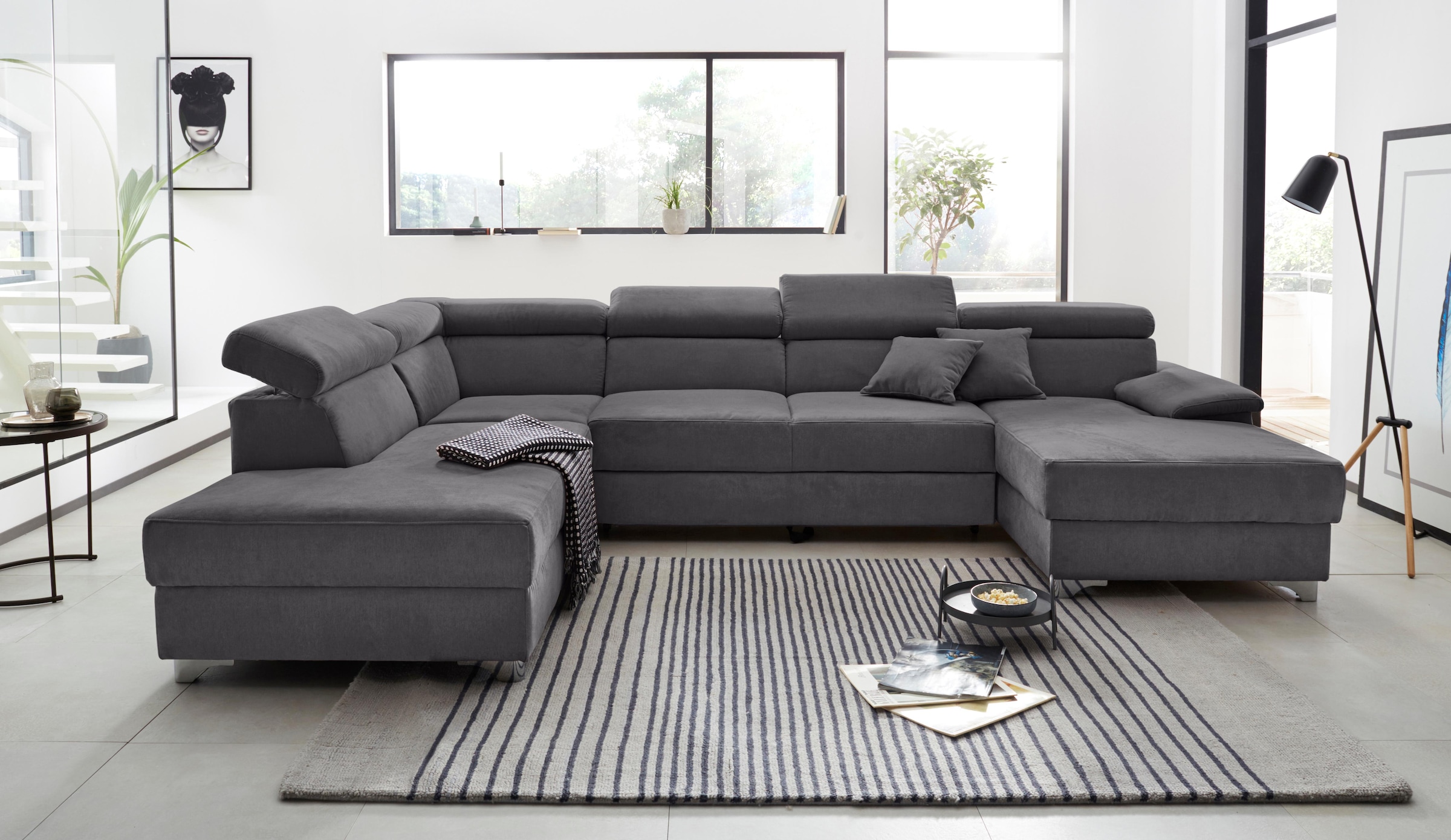 DOMO collection Wohnlandschaft »Mira, inklusive Kopfteilverstellung für mehr Wohlfühlkomfort, U-Form«, wahlweise mit Bettfunktion und Bettkasten, elegant und modern