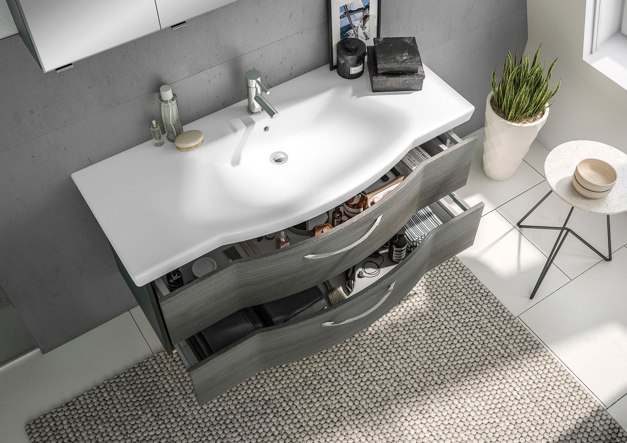 Saphir Badmöbel-Set »6005 Sprint 3-teilig, Keramik-Waschtisch mit LED-Spiegelschrank«, (4 St.), Midischrank, inkl. Türdämpfer, 4 Türen, 4 Schubladen, Bad-Set