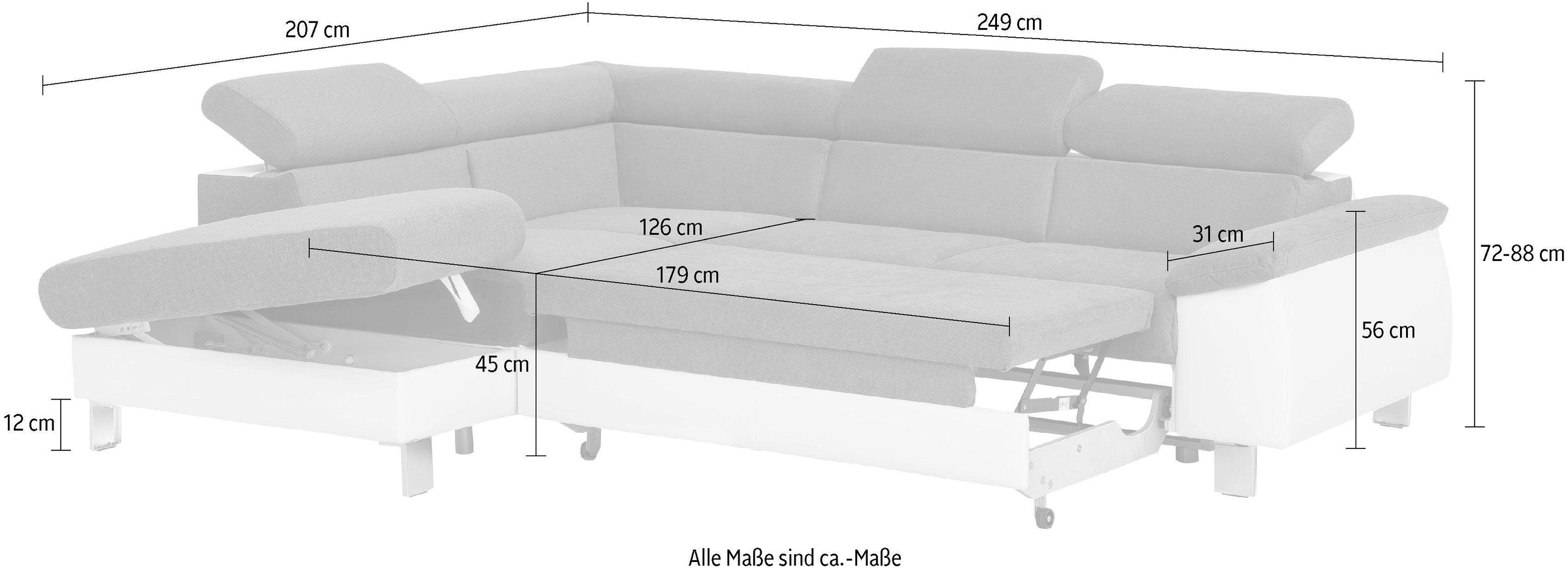 COTTA Ecksofa »Komaris L-Form mit Kopfteilverstellung«, wahlweise mit Bettfunktion, Bettkasten & Beleuchtung