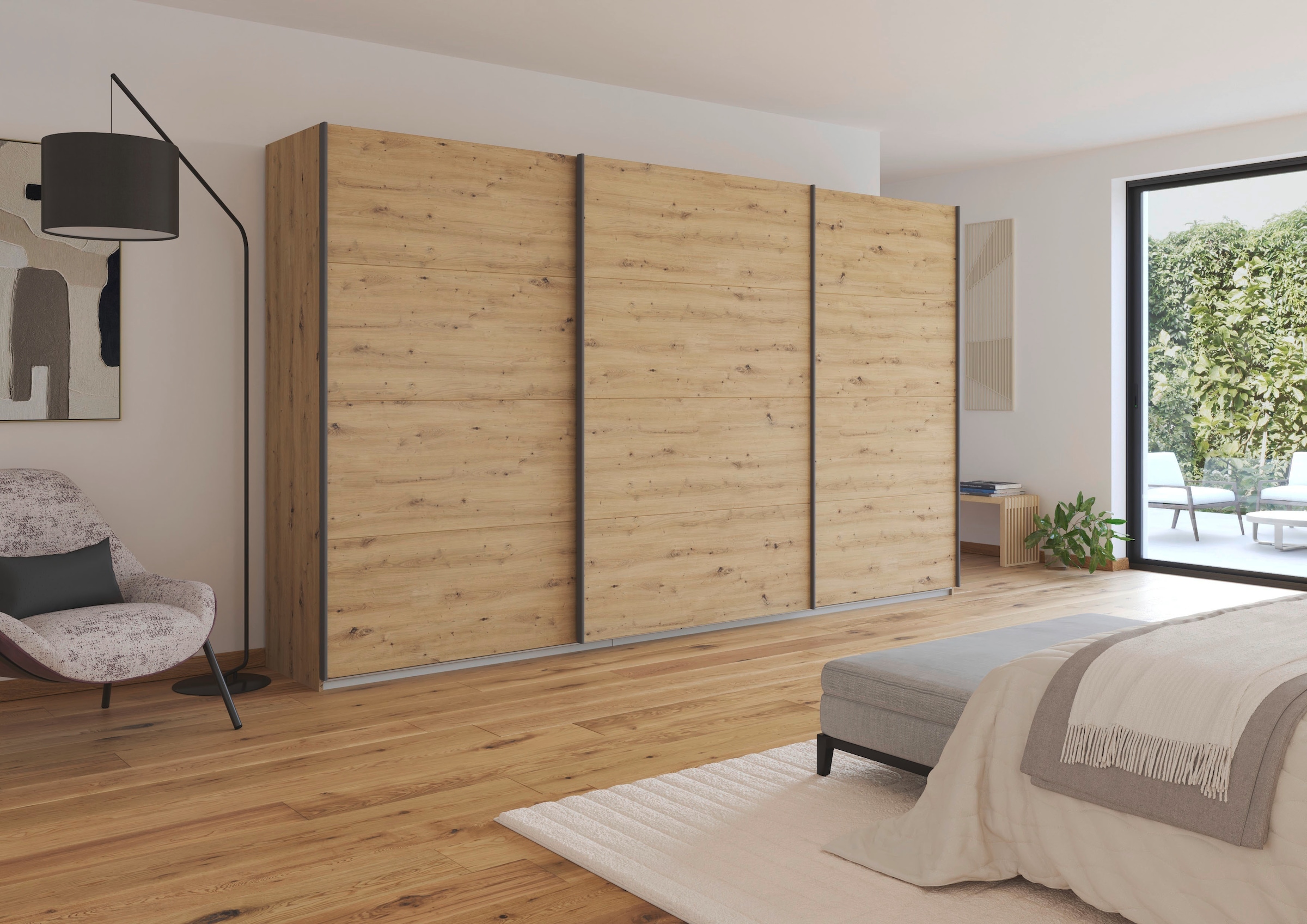 rauch Schwebetürenschrank »Kleiderschrank Schrank Garderobe AGORDO mit Dekor- oder Hochglanzfront«, (in zwei Griff-Farben), durchdachte Innenausstattung, in 4 Breiten und 2 Höhen MADE IN GERMANY