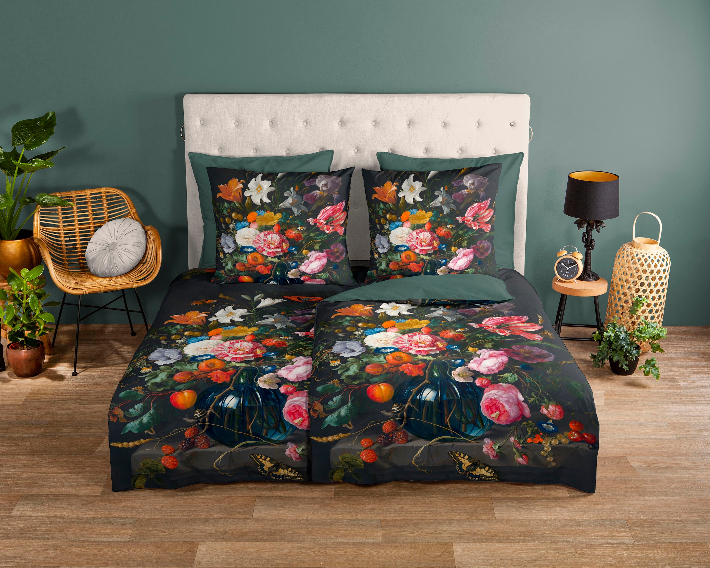 good morning Wendebettwäsche »Deja«, 100% Baumwolle, 135x200, Reißverschluss, Wendeoptik, Blumen, Schwarz