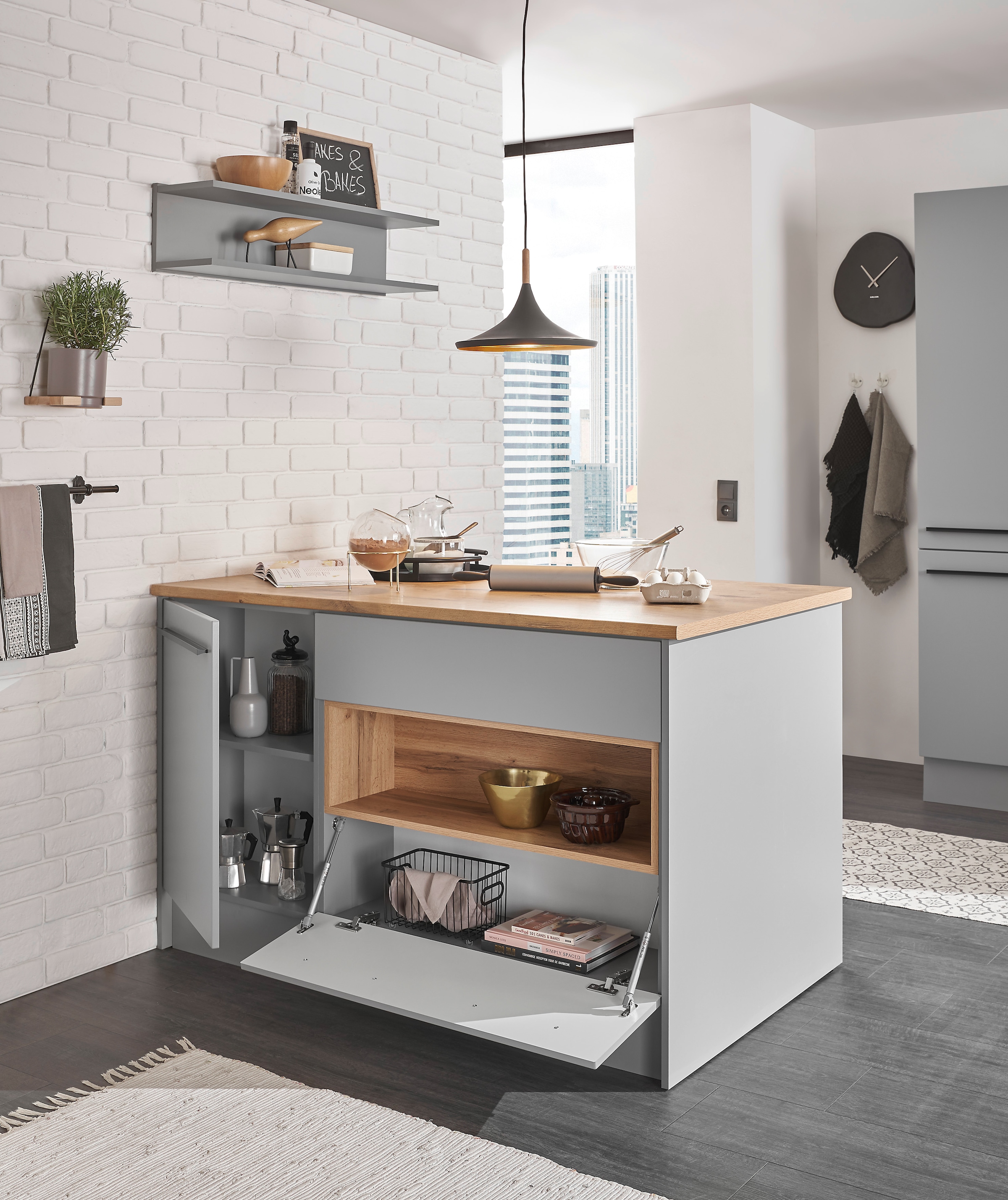 BASIC by Balculina Kücheninsel »Denver, Kochinsel + Küchenregal BxHxT 145 x 90 x 90/BxHxT 90x22x21«, Breite 145 cm, mit Tür, Schubkasten, Klappe und offenem Fach