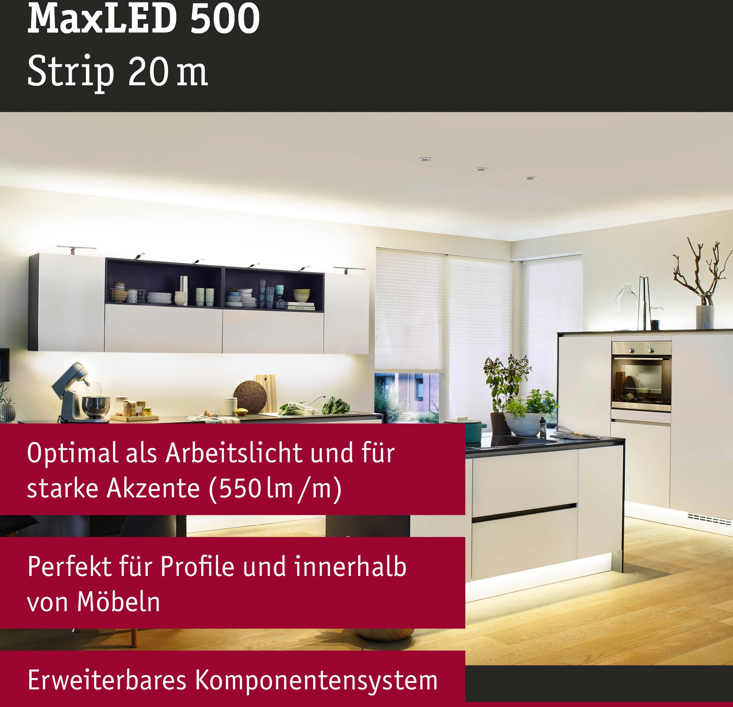 Paulmann LED-Streifen »MaxLED 500 Einzelstripe inkl. Adapterkabel 20m Warmweiße 72W 550lm/m«, 1 St.-flammig, unbeschichtet