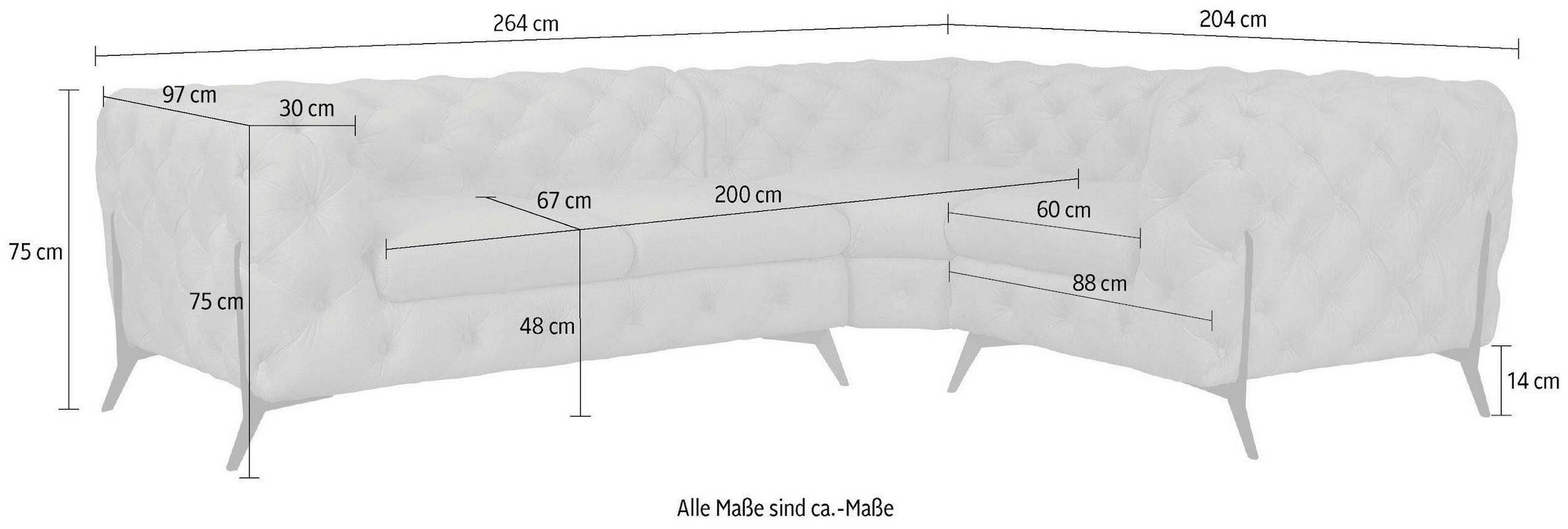 Leonique Chesterfield-Sofa »Amaury L-Form«, moderne Chersterfield-Optik, Breite 262 cm, Fußfarbe wählbar