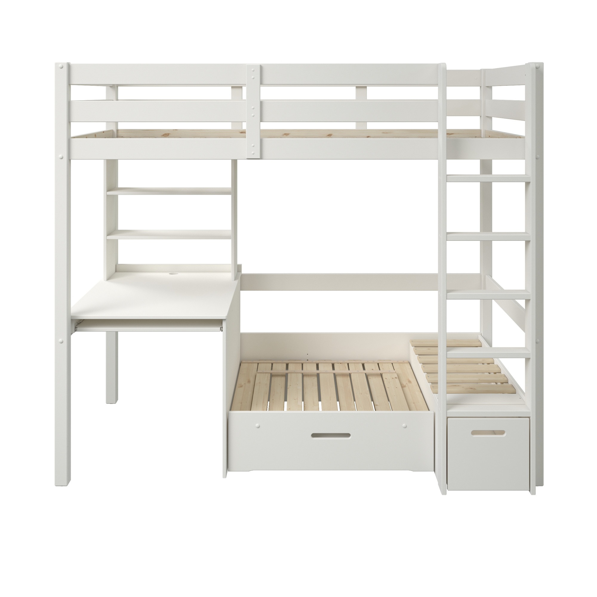 Lüttenhütt Etagenbett »Stockbett, Doppelstockbett "HENNE " zertifiziertes Massivholz«, mit Schreibtisch, Regale, ausziehbarem Sessel,OHNE MATRATZEN/AUFLAGEN!