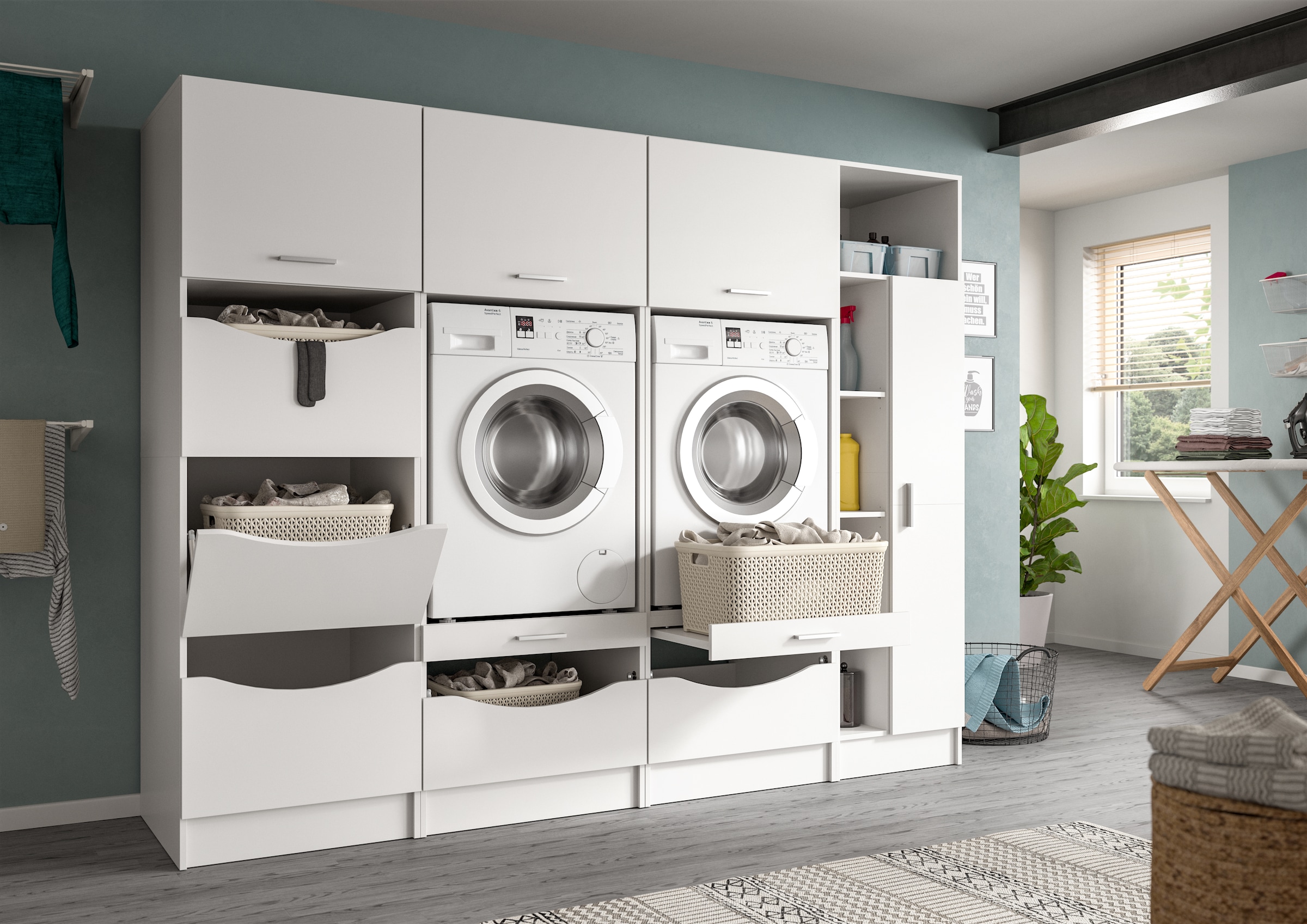 welltime Badmöbel-Set »FALAS, TOPSELLER!, 4-teilig, Hauswirtschaftsraum Set, Breite 292 cm« 2x Waschmaschinenumbau-, 1x Wäsche- & 1x Mehrzweckschrank, 